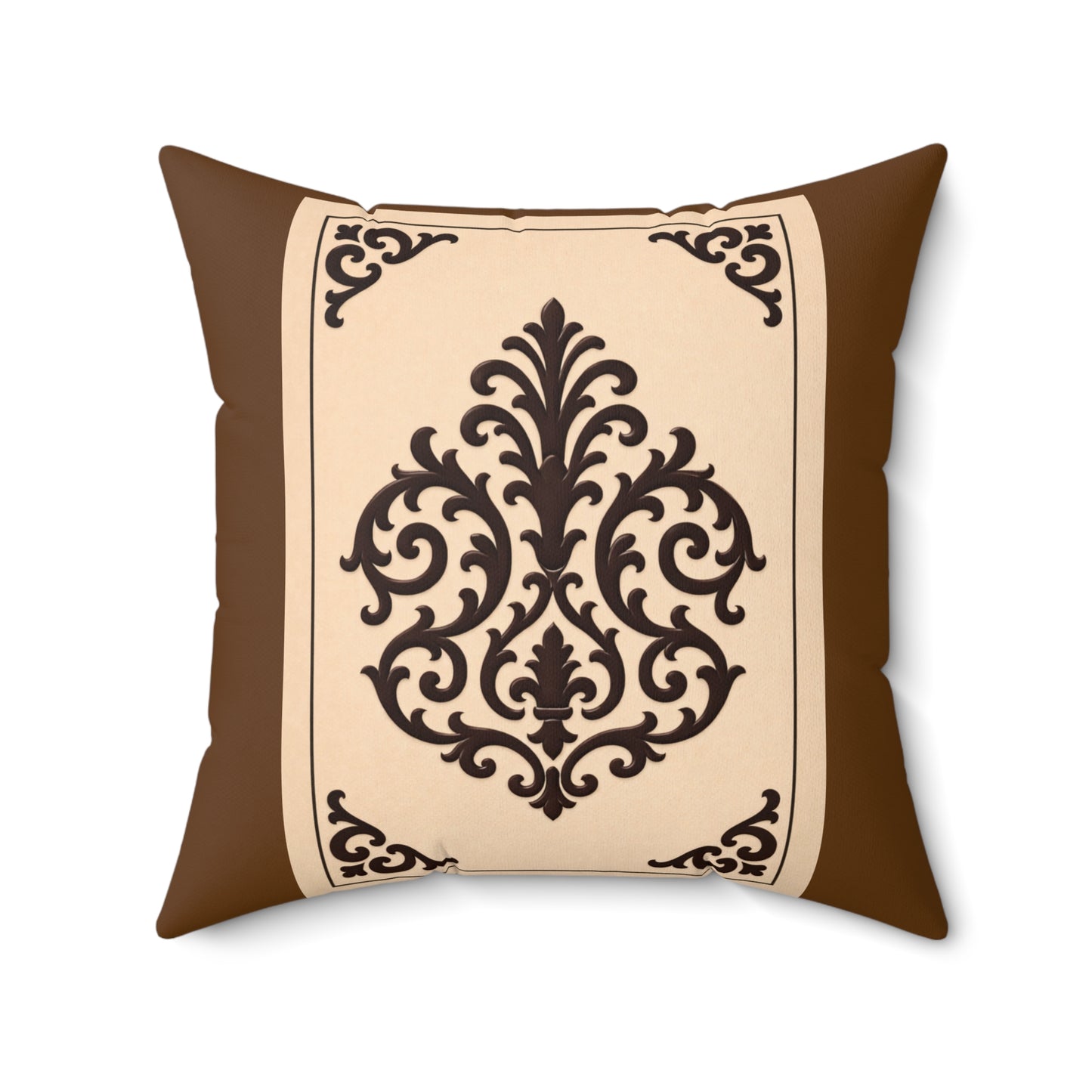 Almond-Beige & Brown Baroque Suede Pillow — Brown Ornate Square Throw Pillow