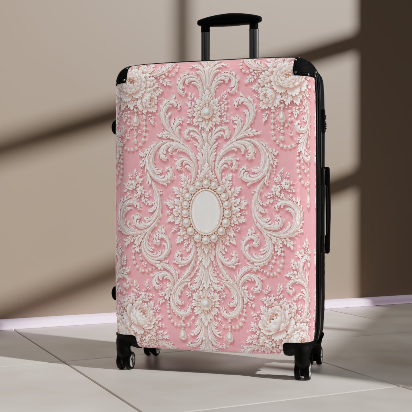 Pink Rococo Suitcase – Vintage Pearl Ornate Travel Luggage