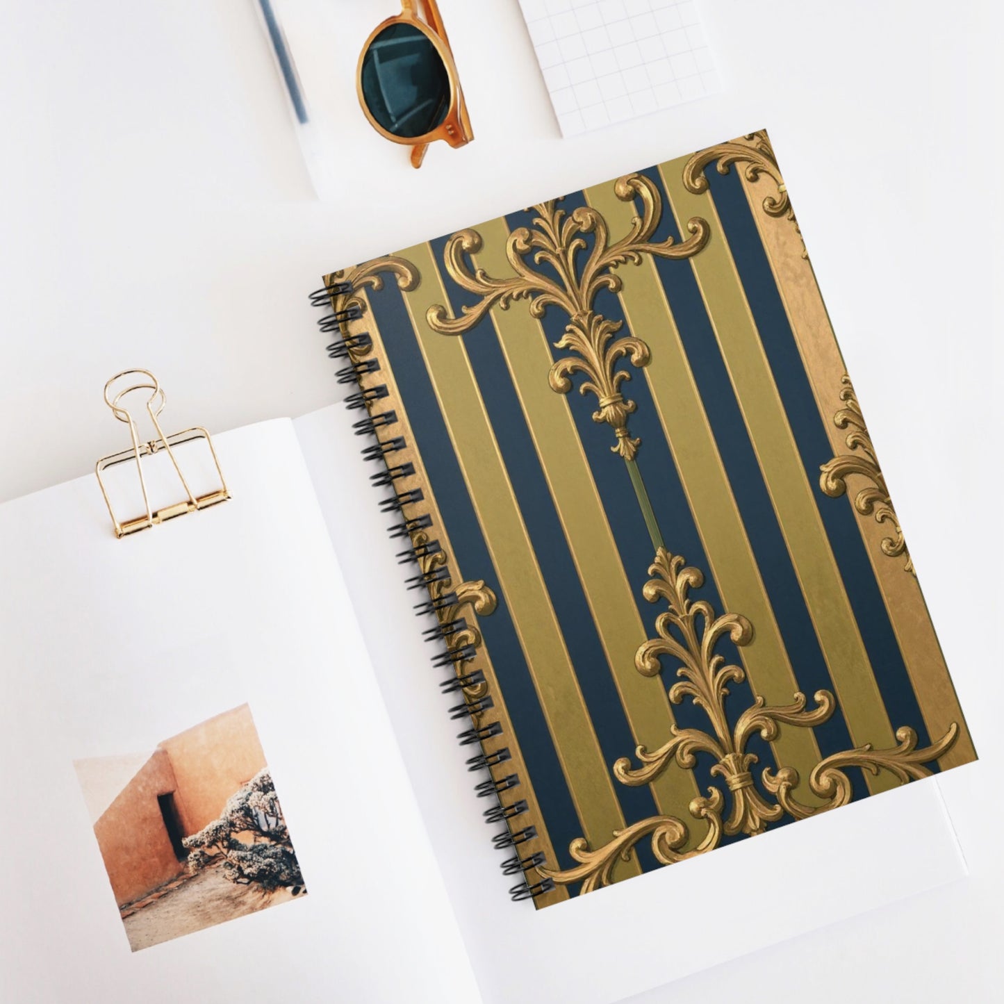 Elegant Midnight Blue & Olive Striped Gold Baroque Spiral Notebook - Ruled Lines, Luxury Journaling, School Essentials, Vintage Design