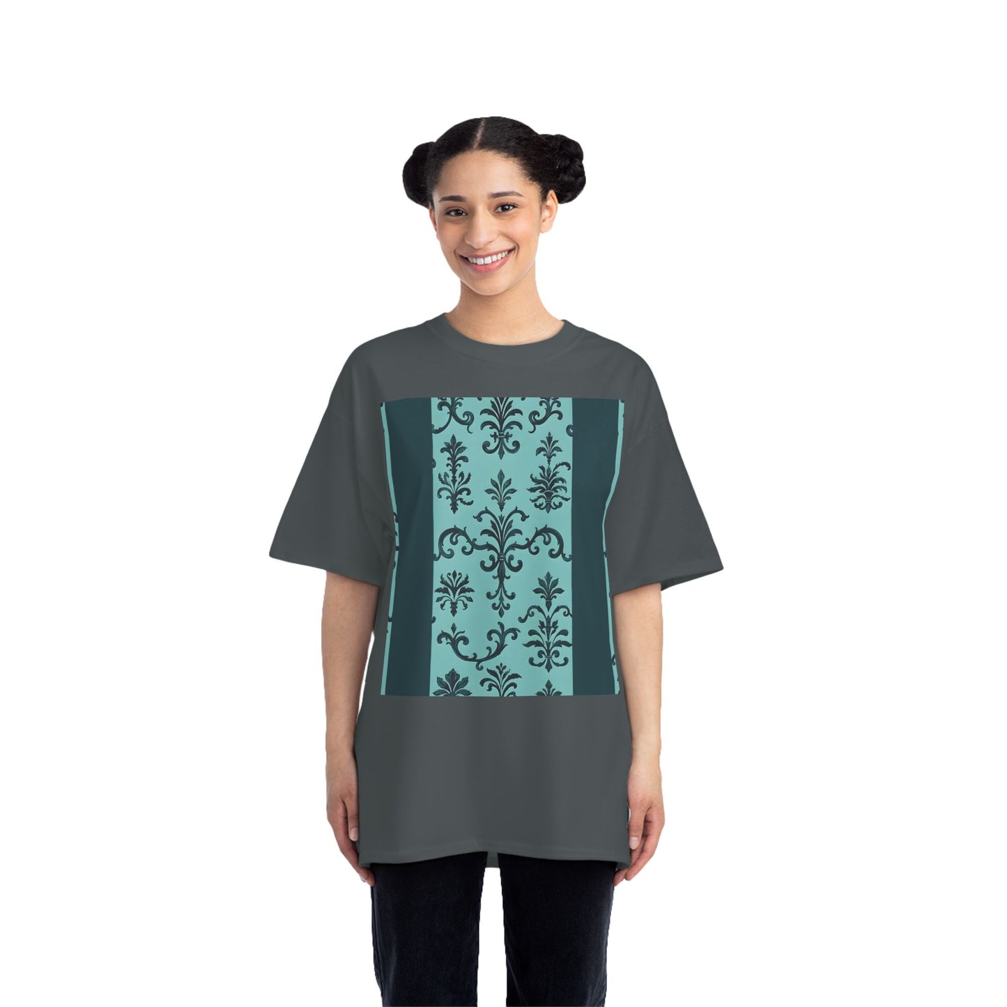 Elegant Floral T-Shirt - Vintage Design, Casual Wear, Gift for Her, Summer Fashion, Stylish Tee - Teal Striped Rococo