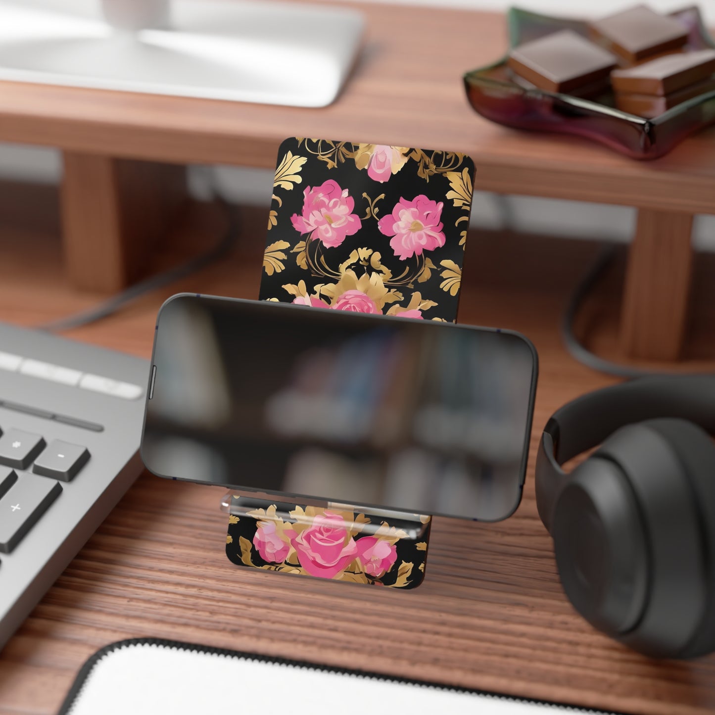 Elegant Floral Motif Smartphone Display Stand - Pink & Gold Roses - Decorative Mobile Holder