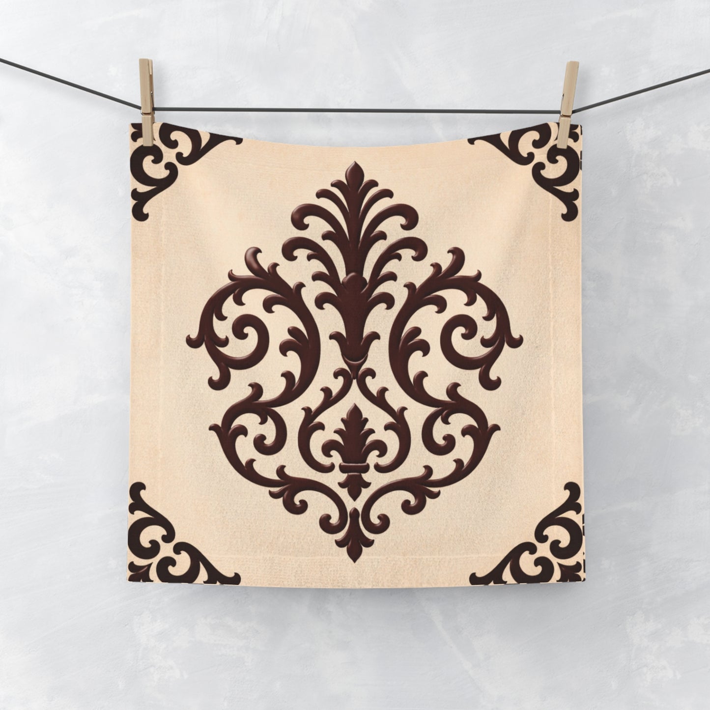 Almond-Beige & Brown Baroque Face Towel — Elegant Brown Baroque Floral Washcloth