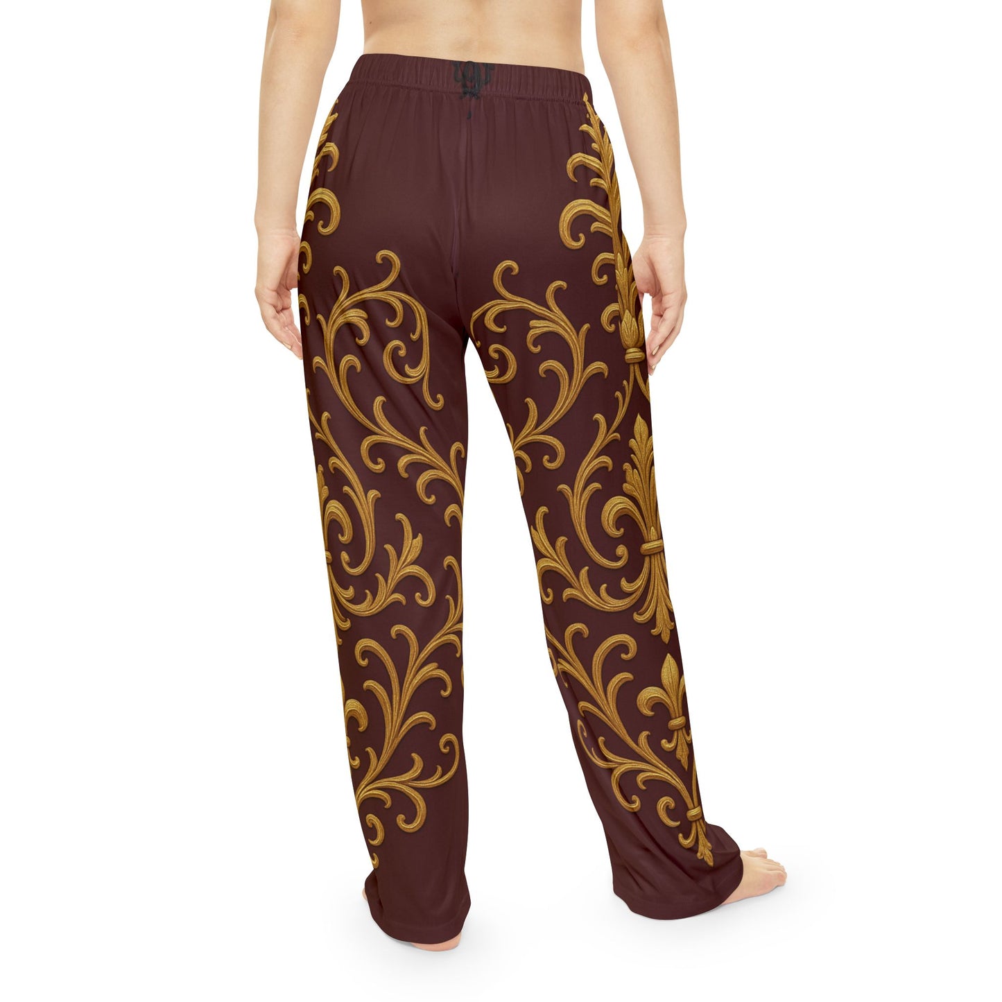Dusk Burgundy-Black & Gold Baroque Women's Pajama Pants with Gold Baroque Scroll Print
