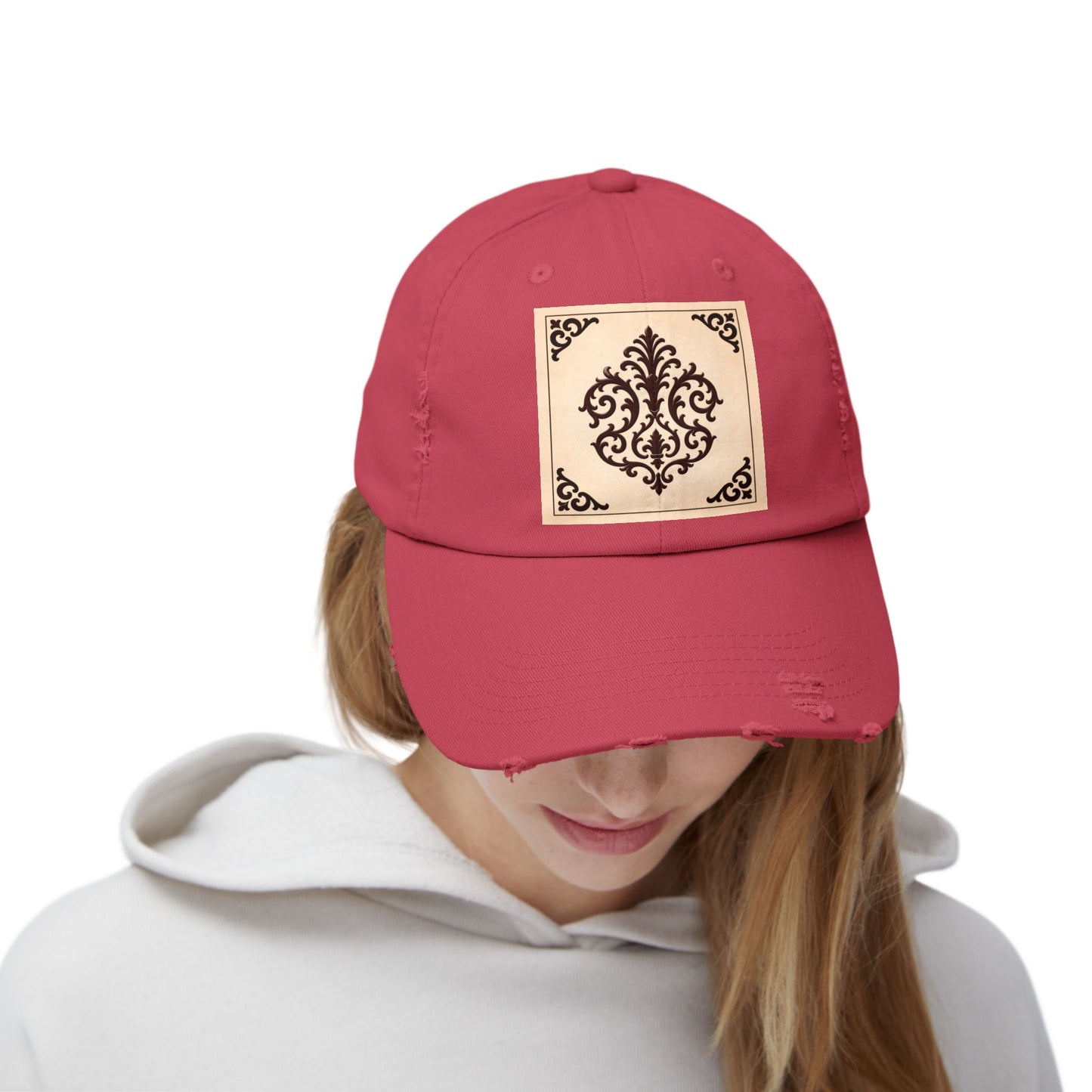 Almond-Beige & Brown Baroque Distressed Cap with Vintage Baroque Patch