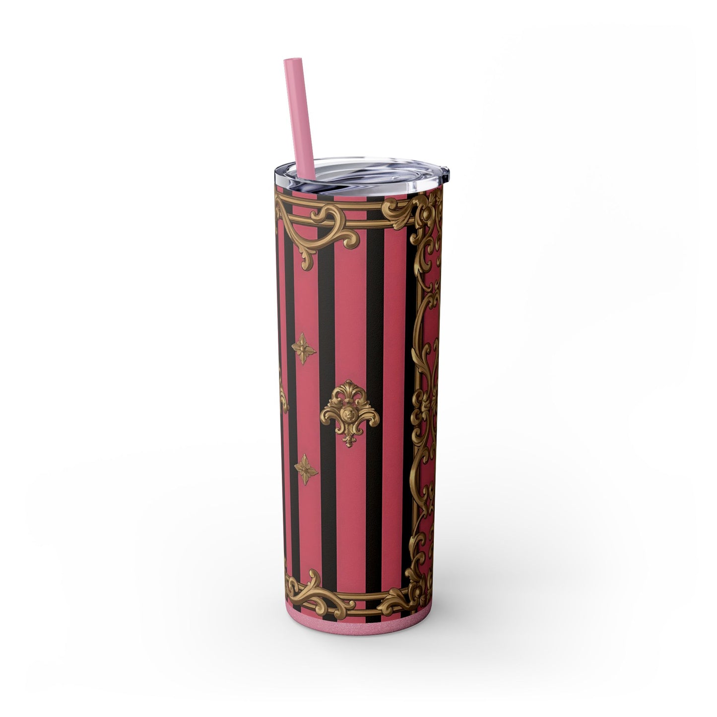 Elegant Pink Striped Skinny Tumbler with Straw, 20oz, Stylish Drinkware, Custom Gift Idea, Travel Mug, Wedding Gift - Pink Striped Gold Rococo