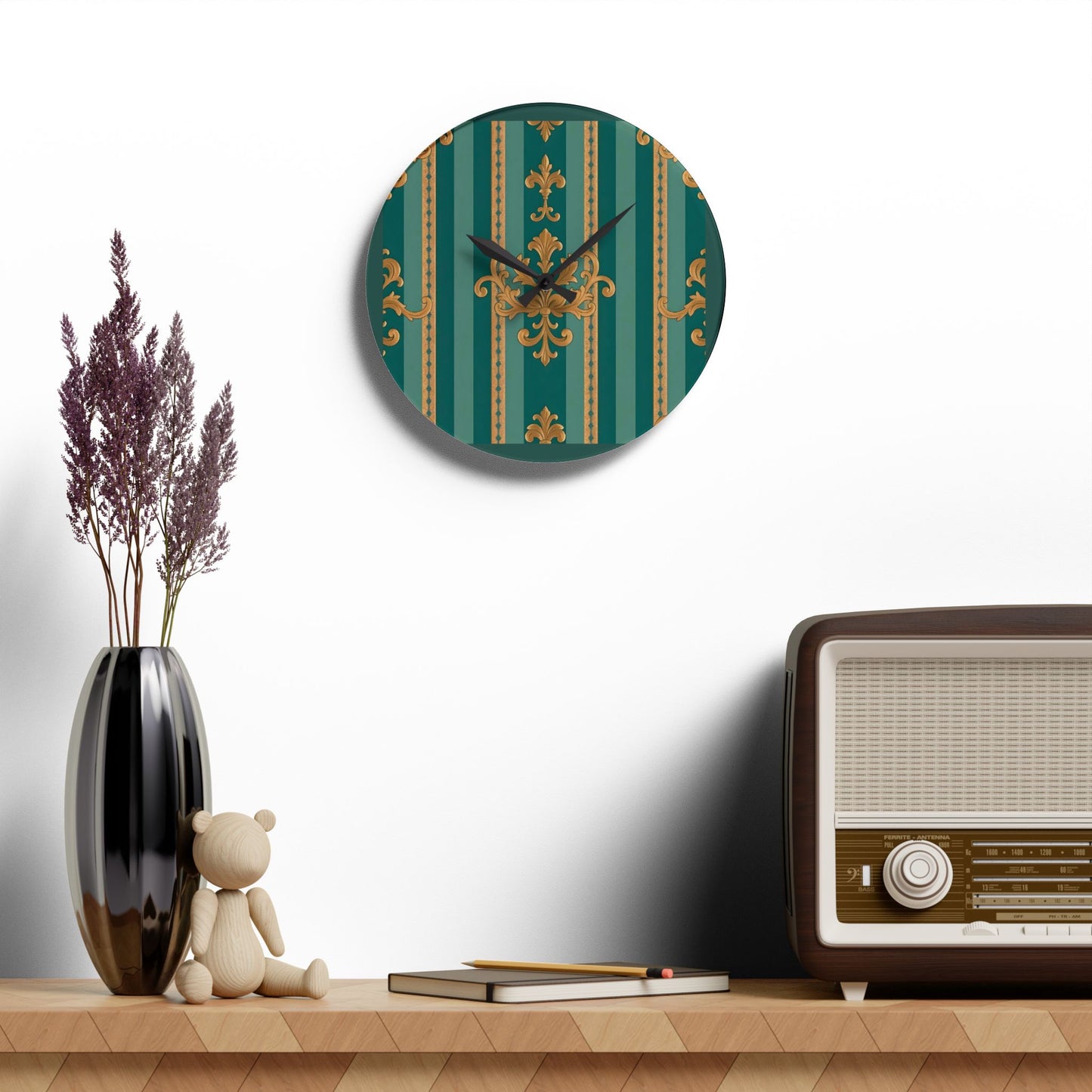 Bohemian Damask-Inspired Acrylic Wall Clock with Floral Design - Teal Striped Gold Damask