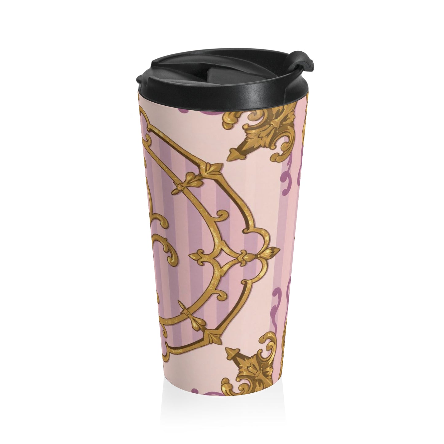 Elegant Lavender & Alabaster Striped Gold Baroque Vintage Inspired Stainless Steel Travel Mug | Perfect for Coffee Lovers, Gift for Her, Bridal Shower