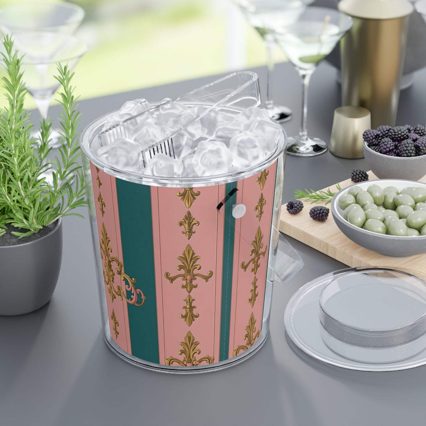 Elegant Ice Bucket with Tongs, Glamorous Party Accessory, Home Bar Essentials, Perfect for Weddings - Pink & Teal Striped Gold Baroque