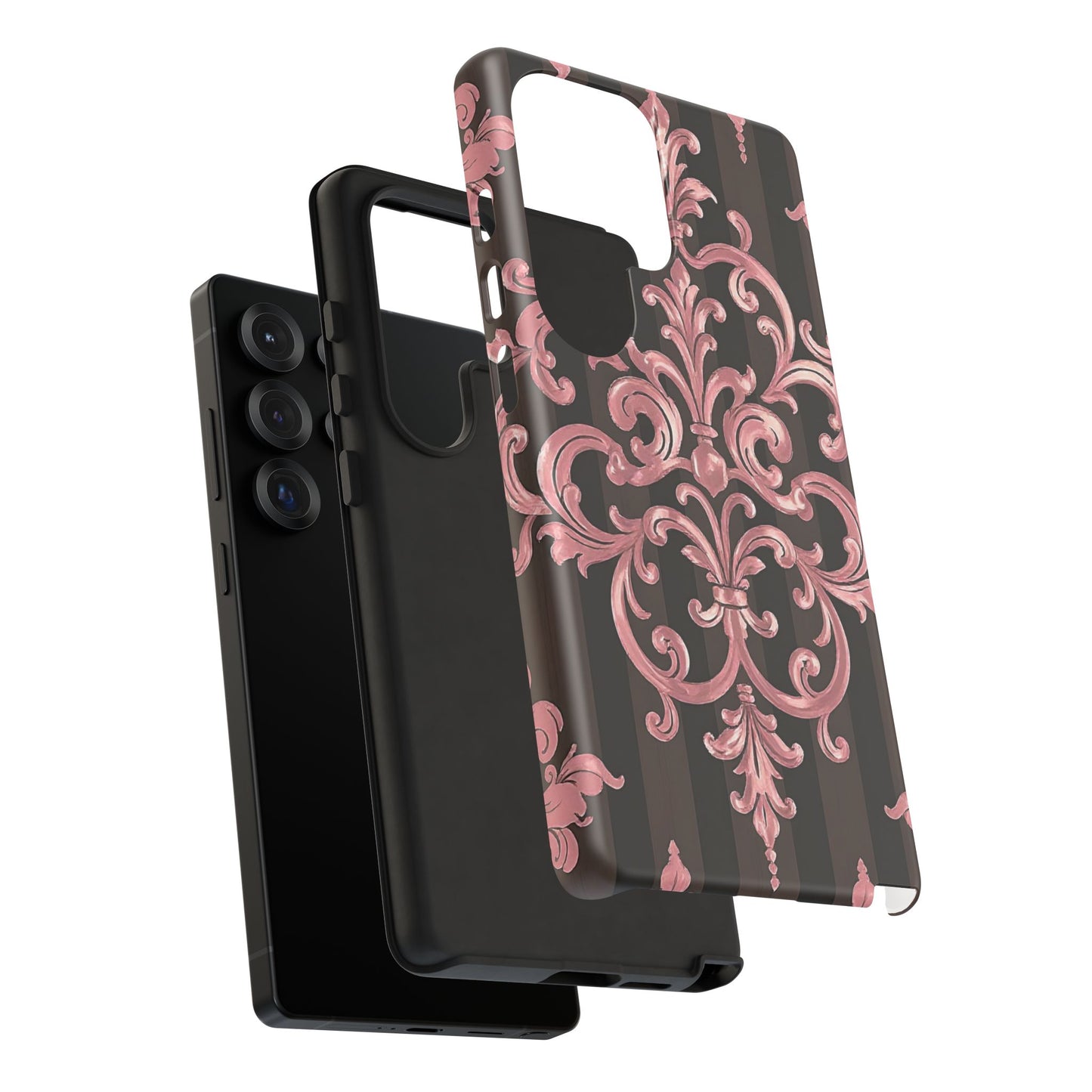 Elegant Floral Motif Phone Case - Tough Cases with Vintage Design - Brown Striped Mauve Damask