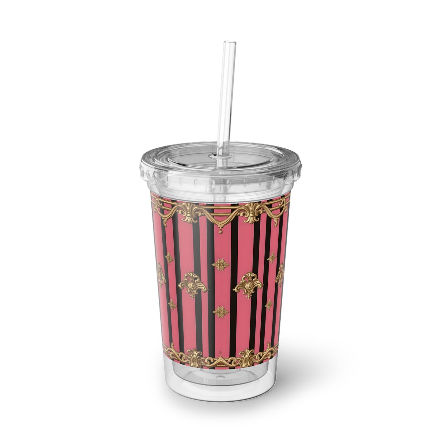 Chic Acrylic Cup with Gold Floral Design, Ideal for Parties, Gifting, Home Decor, Travel Mug, Summer Celebrations - Pink Striped Gold Rococo