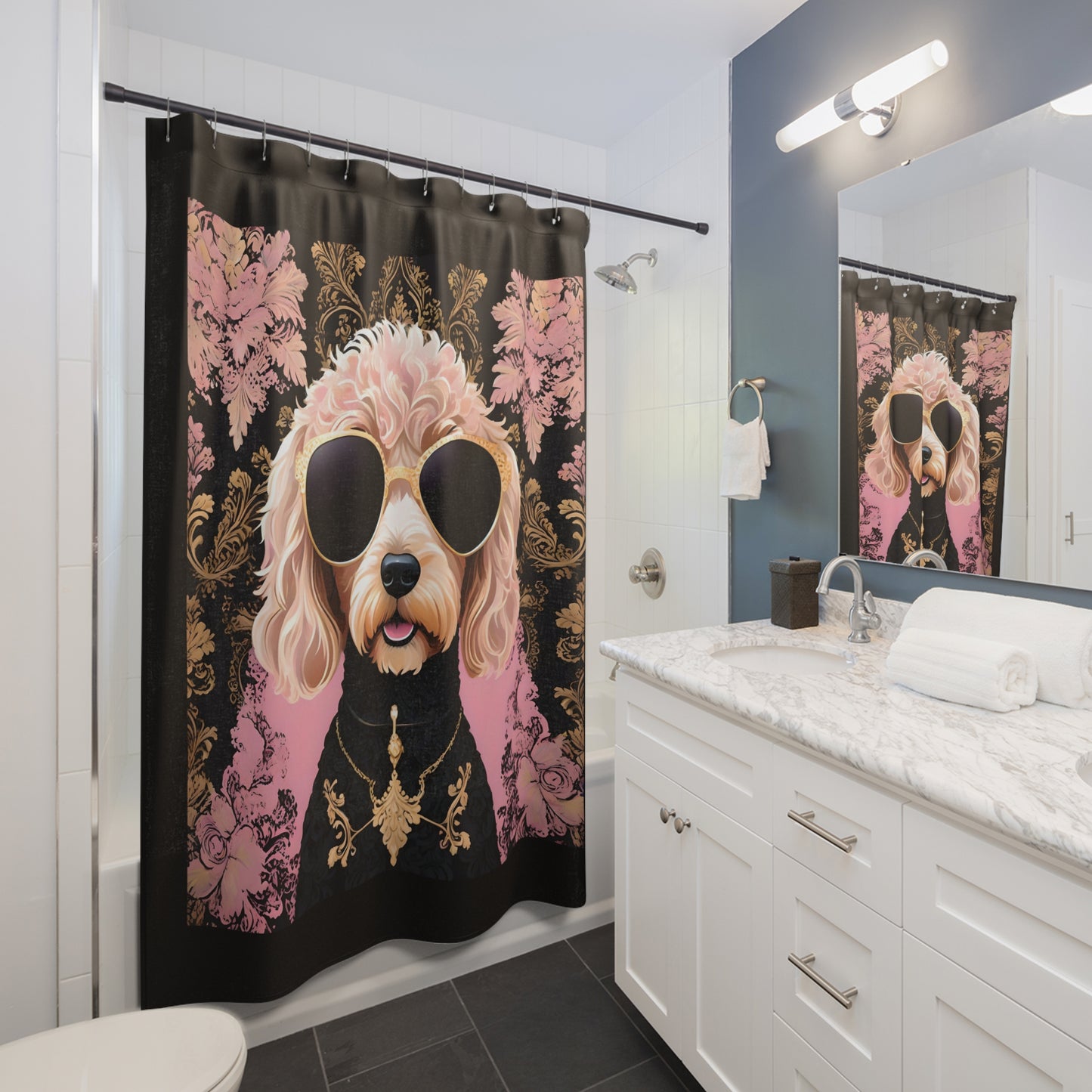 Shower Curtains - Elegant Vintage Floral with Golden Doodle In Sunglasses Design