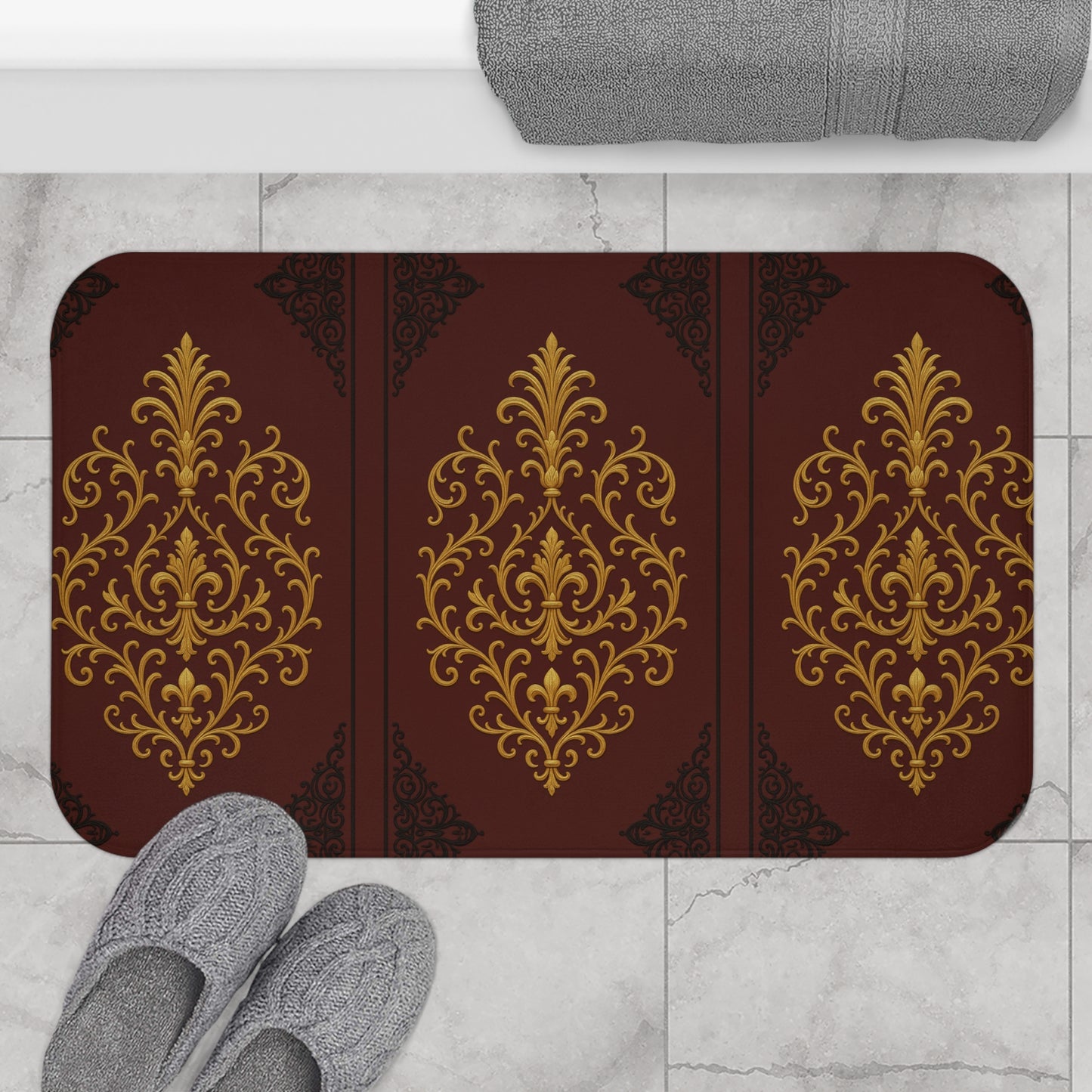 Dusk Burgundy-Black & Gold Baroque Bath Mat — Elegant Burgundy Bathroom Rug
