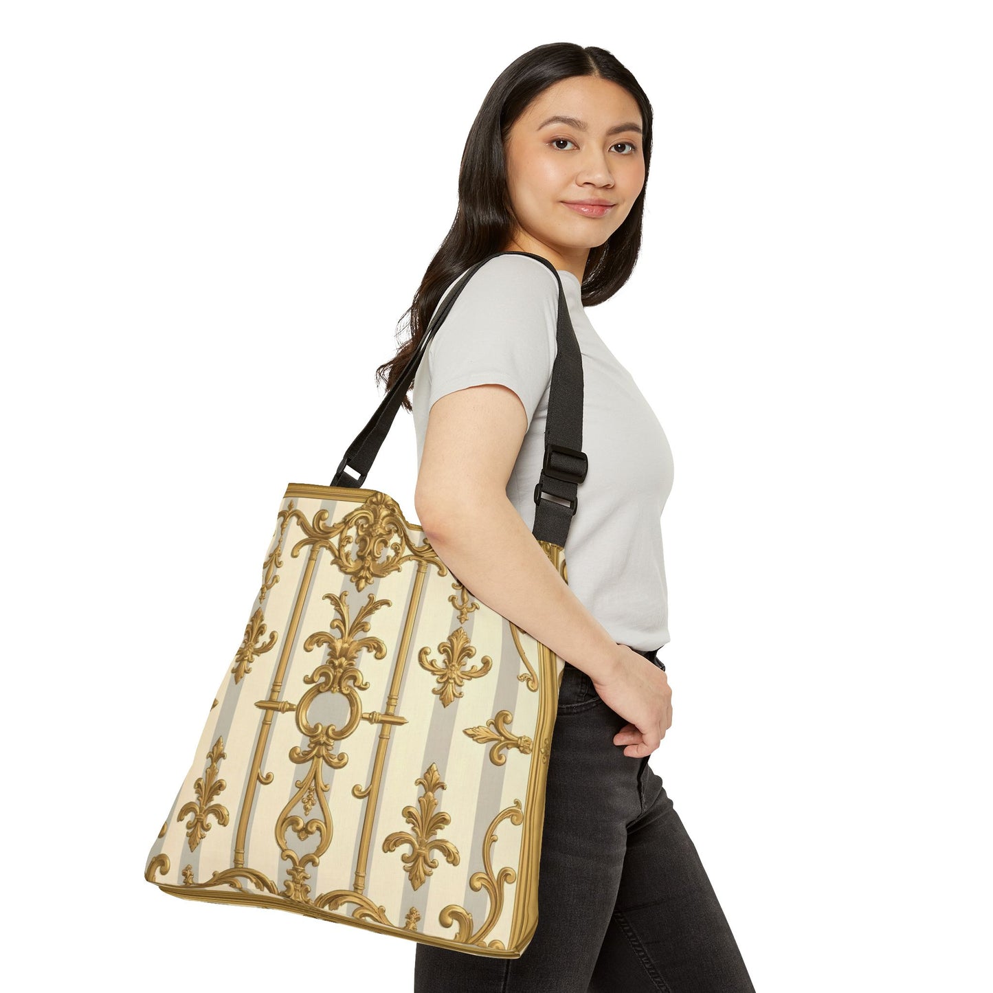 Elegant Gold Pattern Adjustable Tote Bag, Fashion Handbag, Travel Tote, Gift for Her, Everyday Use - Matte Gray & Cream Striped Gold Baroque