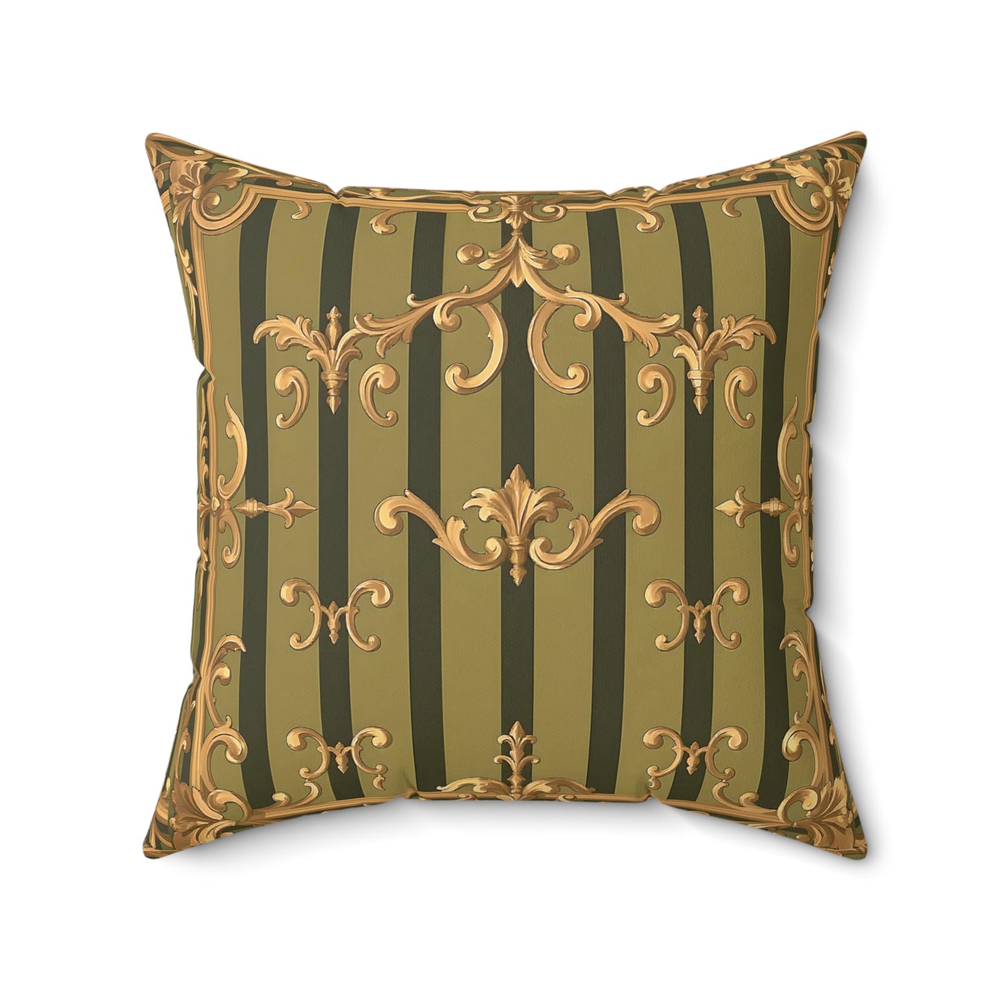 Elegant Faux Suede Square Pillow with Antique Gold Pattern, Decorative Cushion for Home Decor - Olive Green Striped Rococo