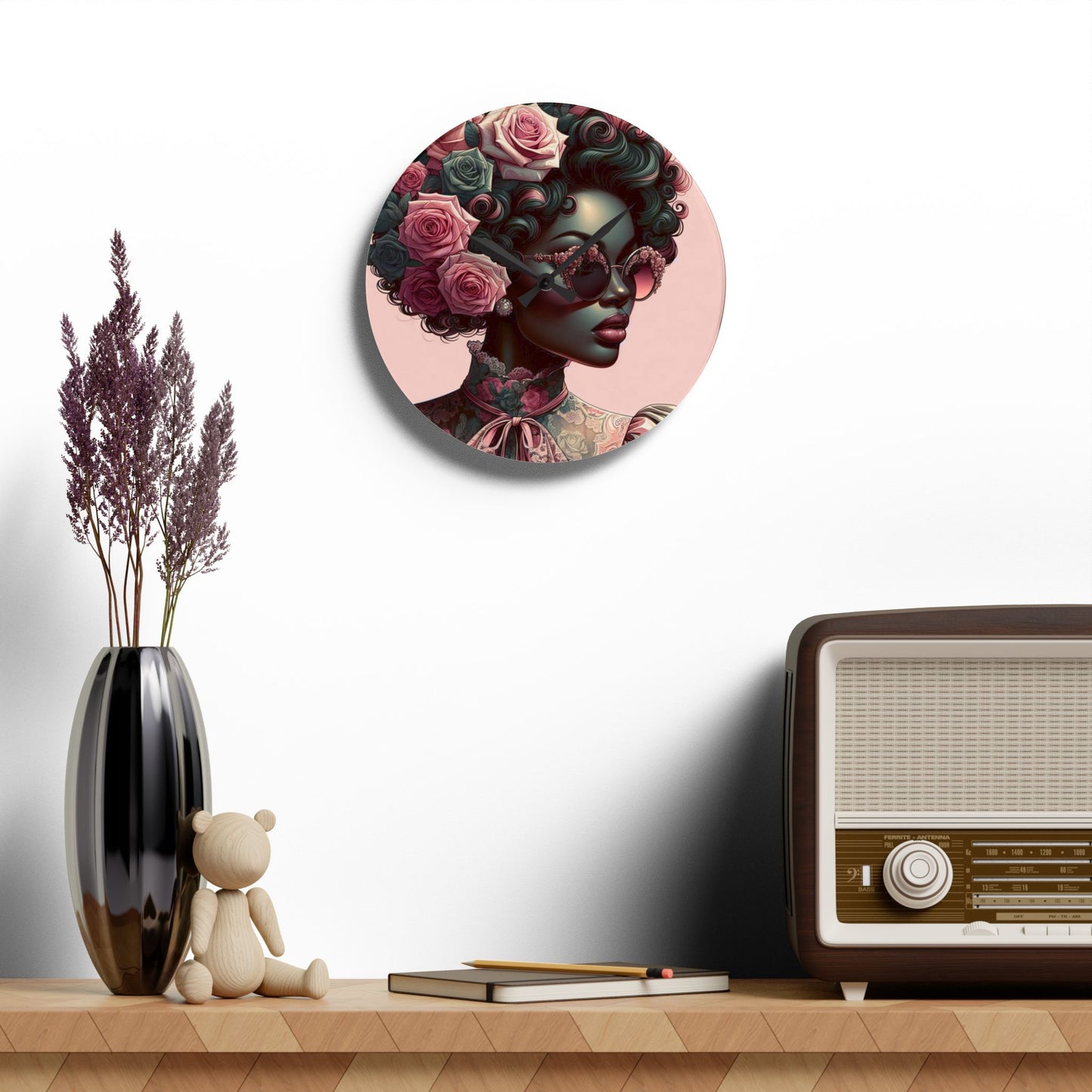 Chic Matte Teal Woman & Baroque Acrylic Wall Clock – Stylish Home Decor, Art Piece, Gift for Her, Boho Wall Art, Unique Gift Idea
