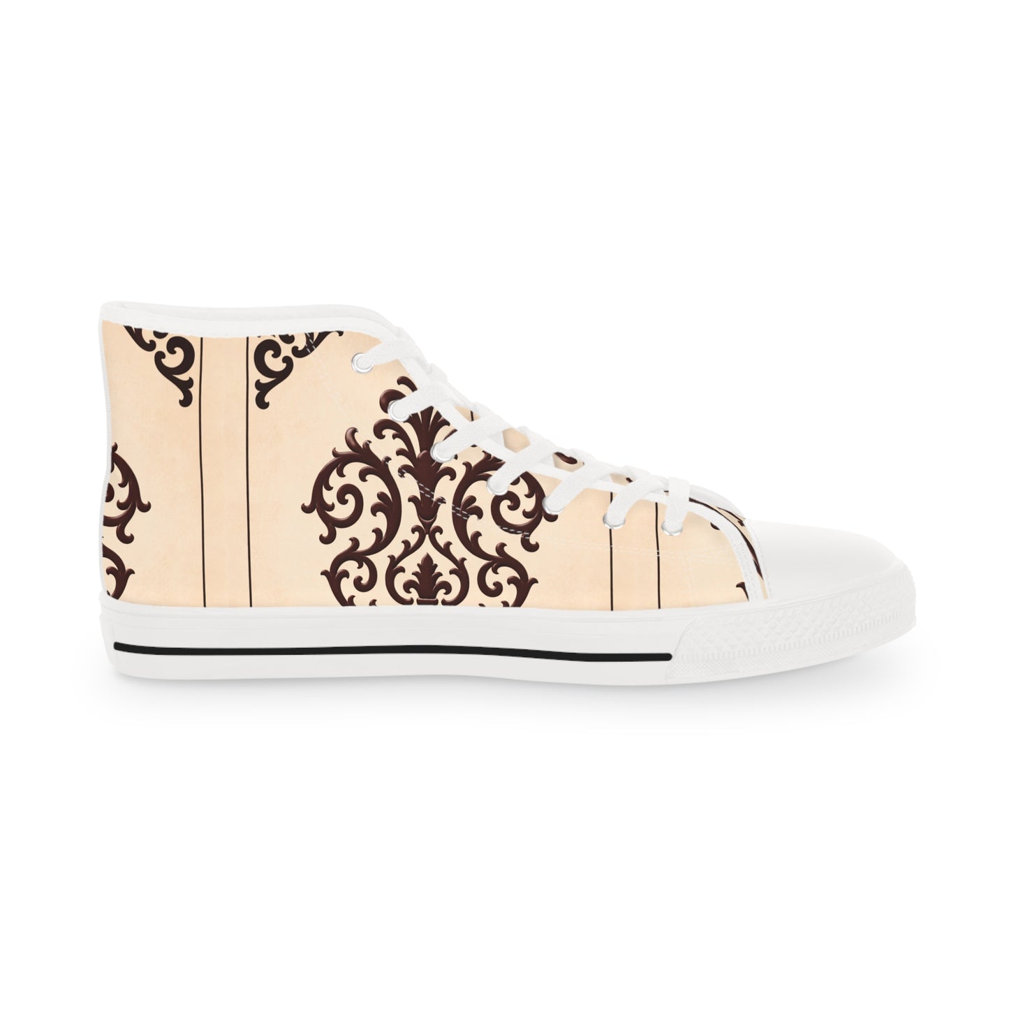 Almond-Beige & Brown Baroque Scroll High-Top Sneakers — Beige Ornate Men's Canvas Shoes