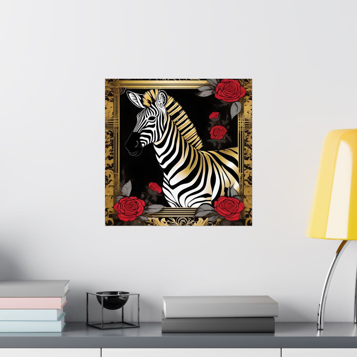 Floral Art Poster - Elegant Matte Vertical Wall Decor - Zebra With Roses