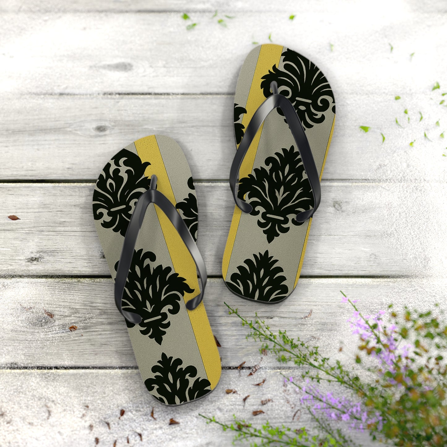 Stylish Flip Flops - Summer Sandals for Beach, Vacation, and Casual Wear - Silver & Gold Striped Black Baroque
