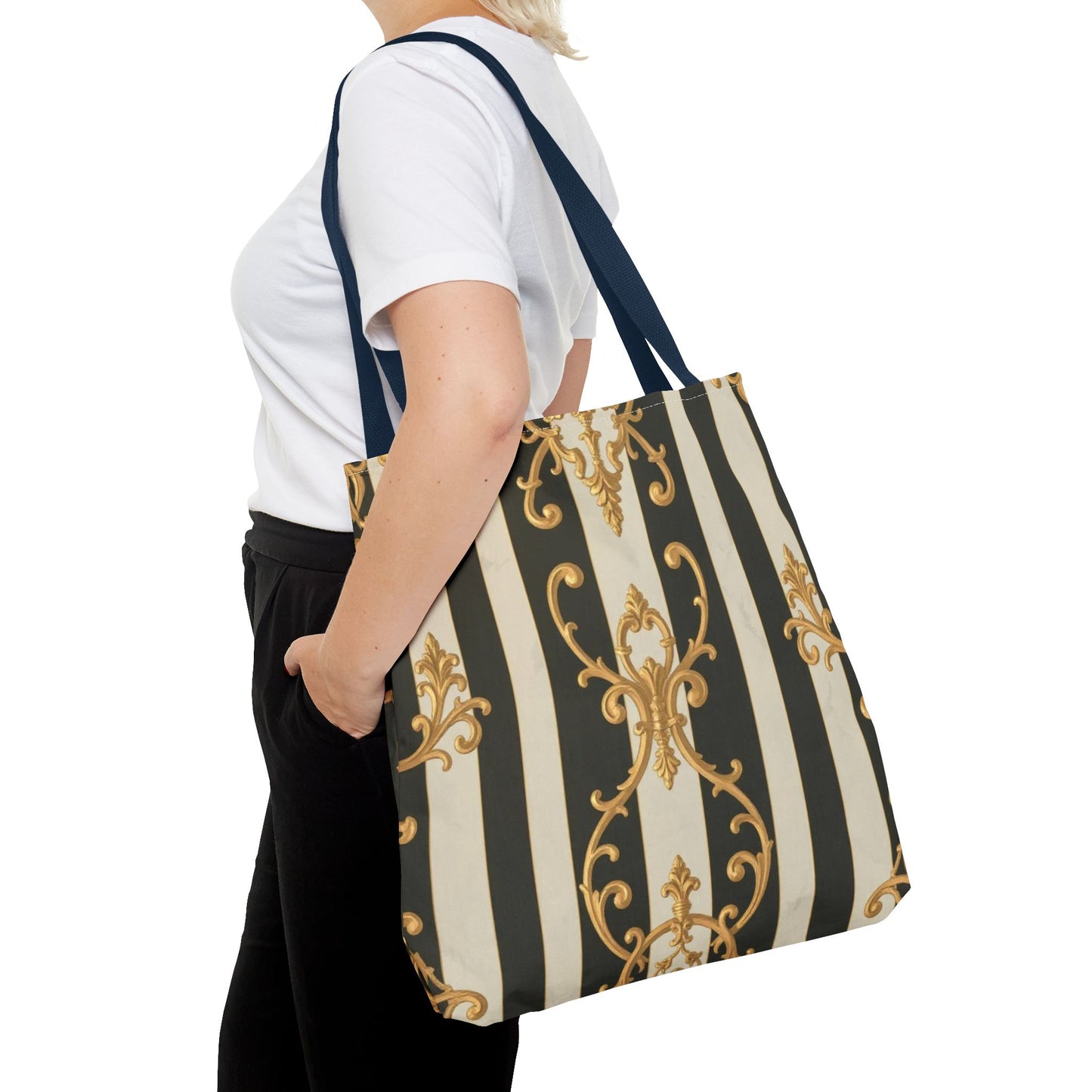 Elegant Black & Alabaster Striped Baroque Tote Bag, Stylish Shopping Bag, Fashion Accessory, Gift for Her, Reusable Bag, Perfect for Events
