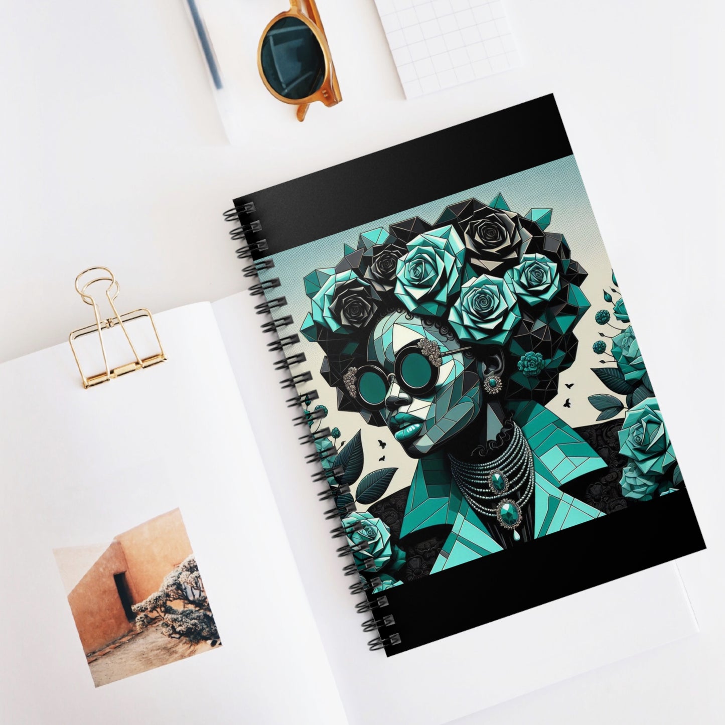 Artistic Floral Spiral Notebook - Ruled Line, Journal for Creativity, Gift for Writers, School Supplies - Turquoise & Black Roses Lady