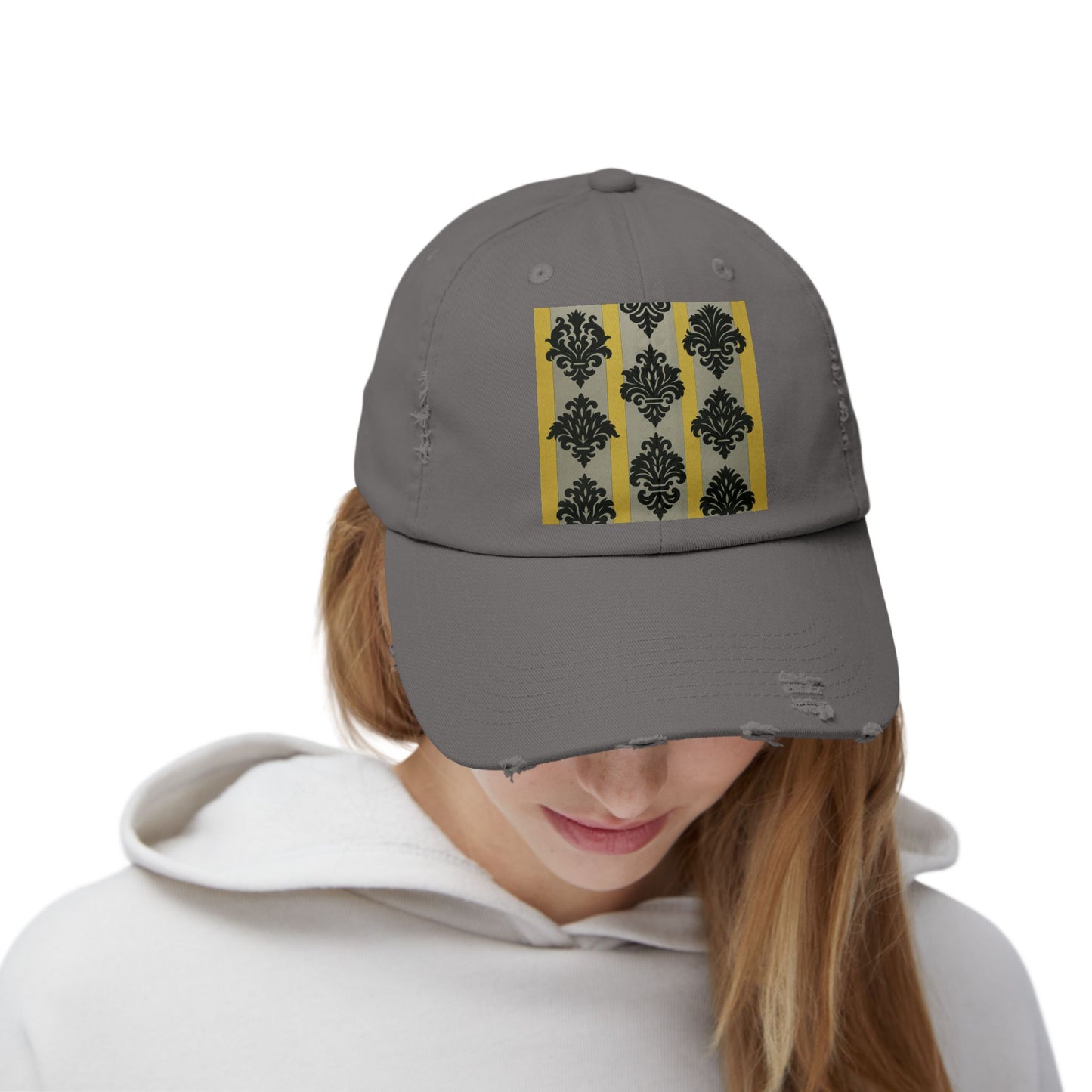Stylish Distressed Cap, Trendy Black Hat for Fashion Lovers, Unisex Casual Accessory, Perfect Gift for Birthdays - Silver & Gold Striped Black Baroque