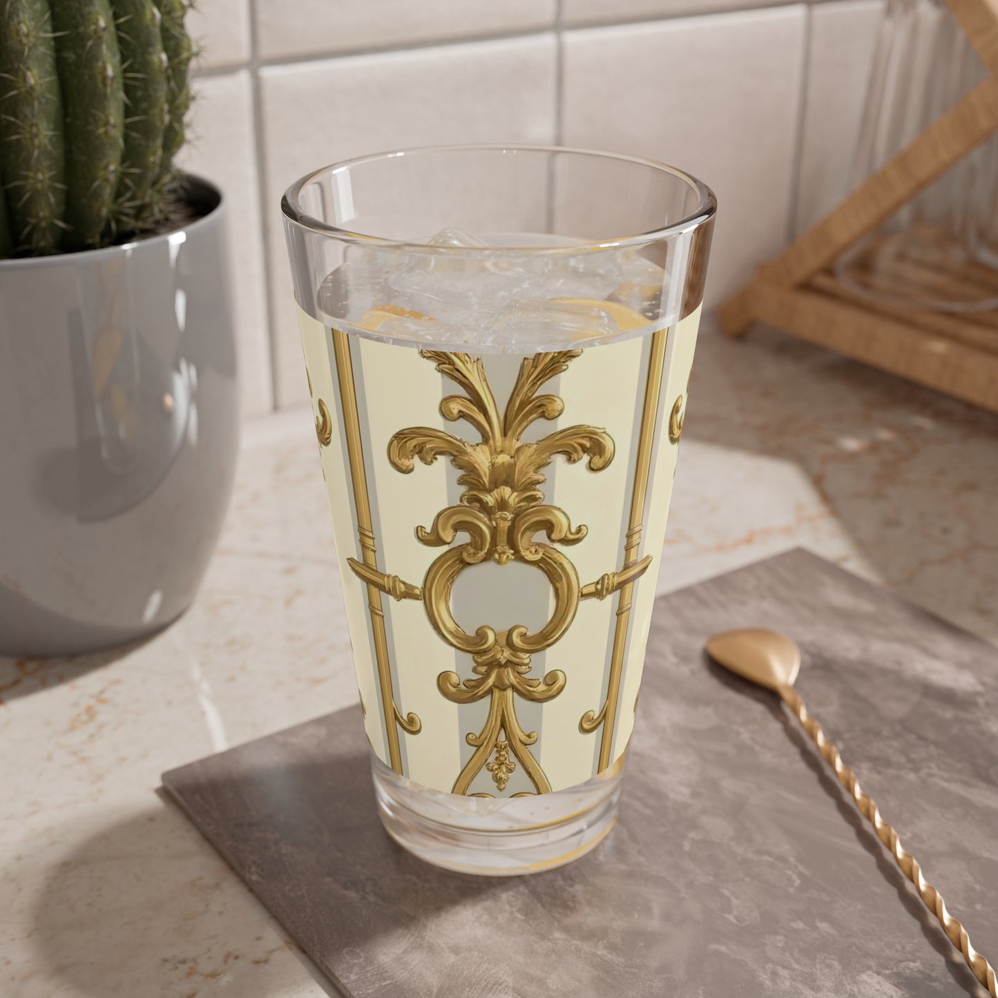 Elegant Mixing Glass, 16oz | Decorative Cocktail Glass, Luxe Home Bar Accessory, Gift for Hostess - Matte Gray & Cream Striped Gold Baroque