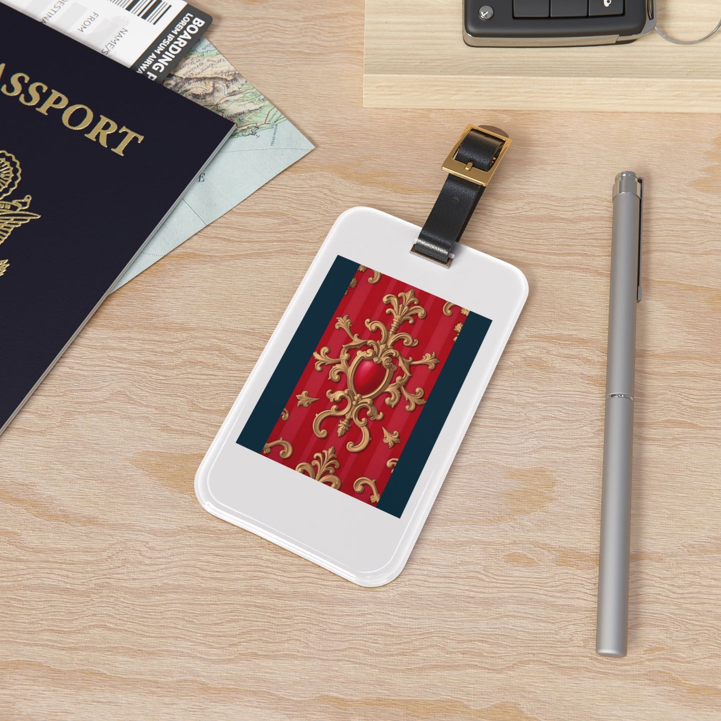 Stylish Luggage Tag, Travel Accessory, Personalized Luggage ID, Gift for Travelers, Vacation Essentials - Blue, Red & White Striped Baroque