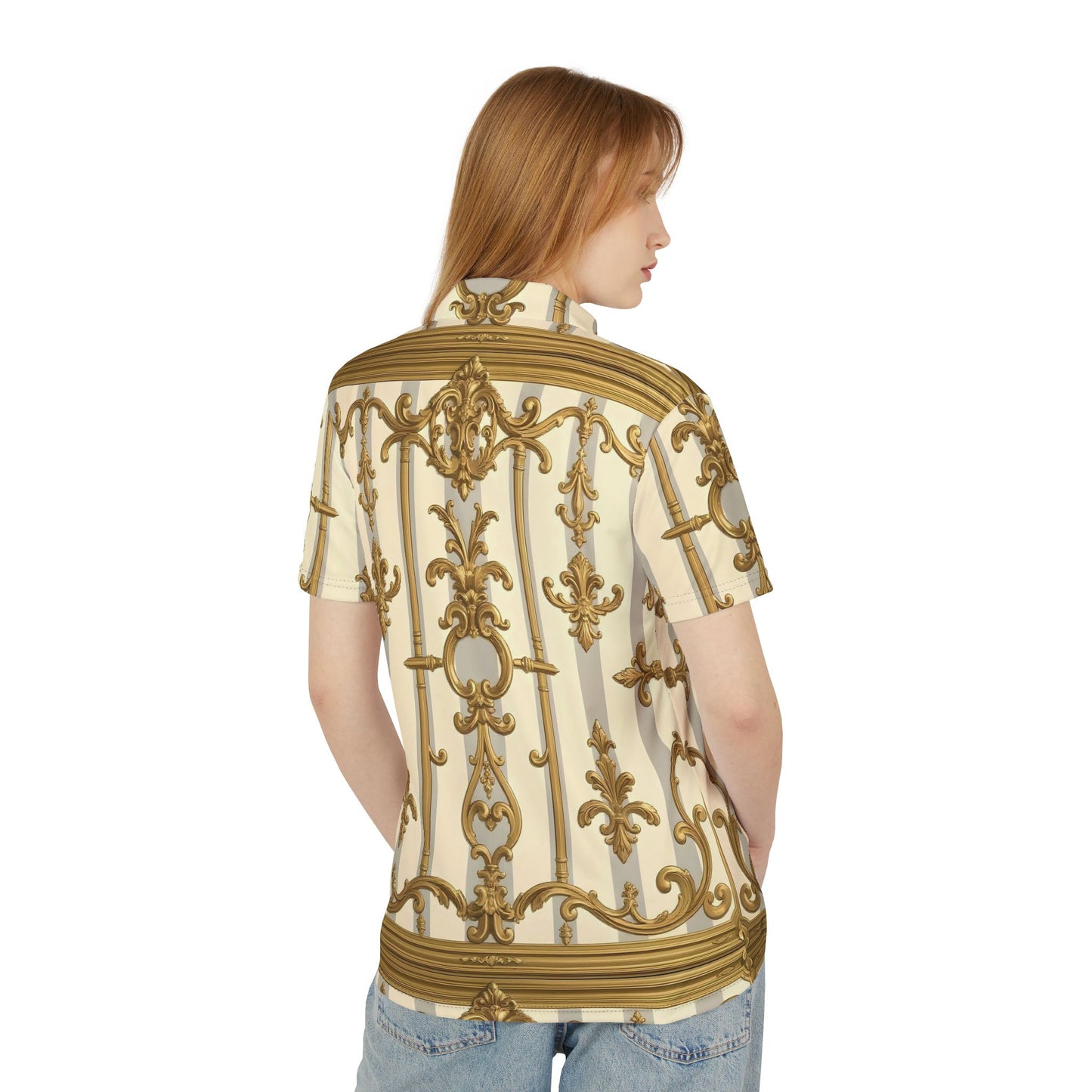 Elegant Gold Pattern Polo Shirt, Stylish Men's Casual Wear, Great for Parties, Weddings, Spring Events - Matte Gray & Cream Striped Gold Baroque