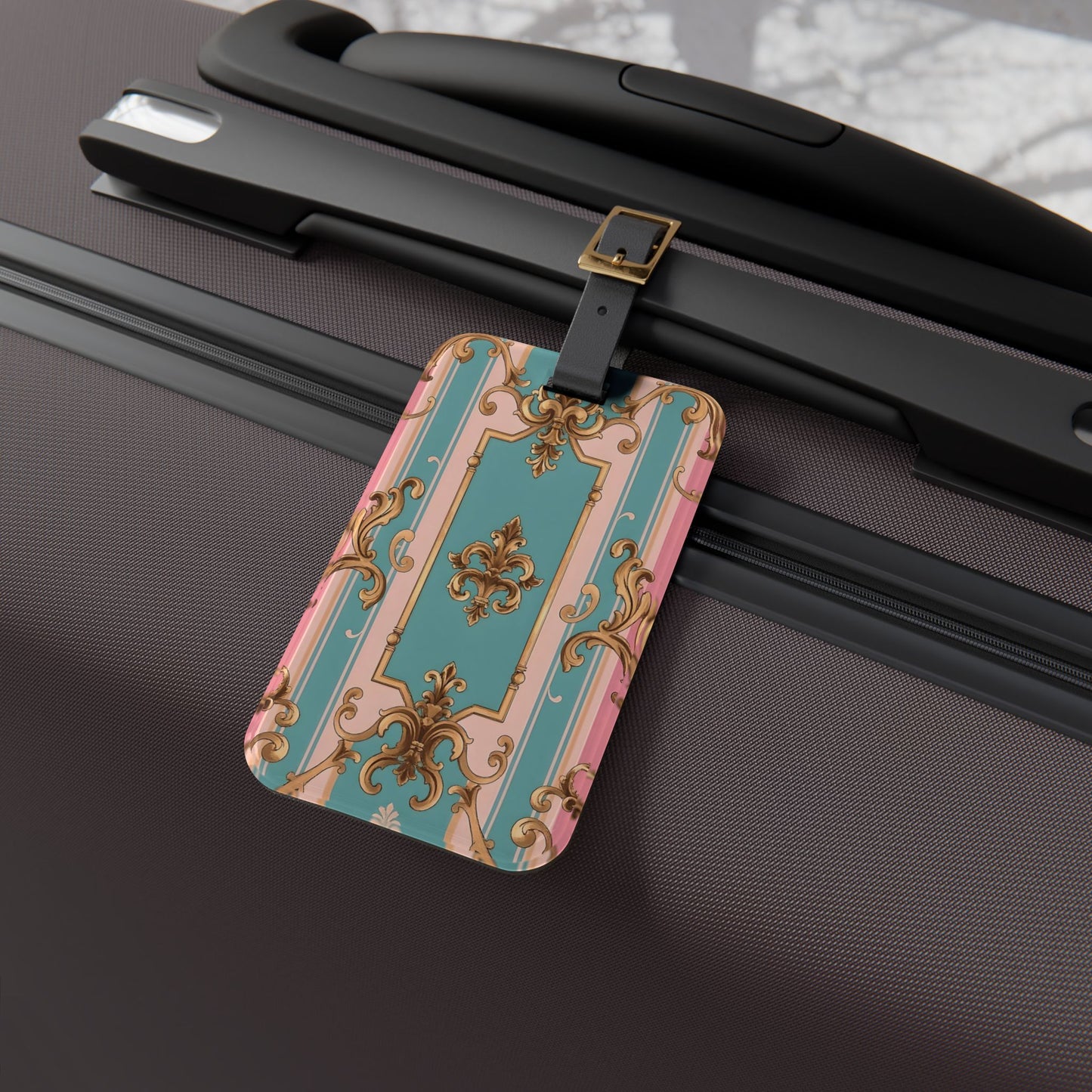 Elegant Travel Luggage Tag - Vintage Chic Design for Stylish Travelers, Personalized Baggage Identifier - Pink & Matte Turquoise Striped Rococo