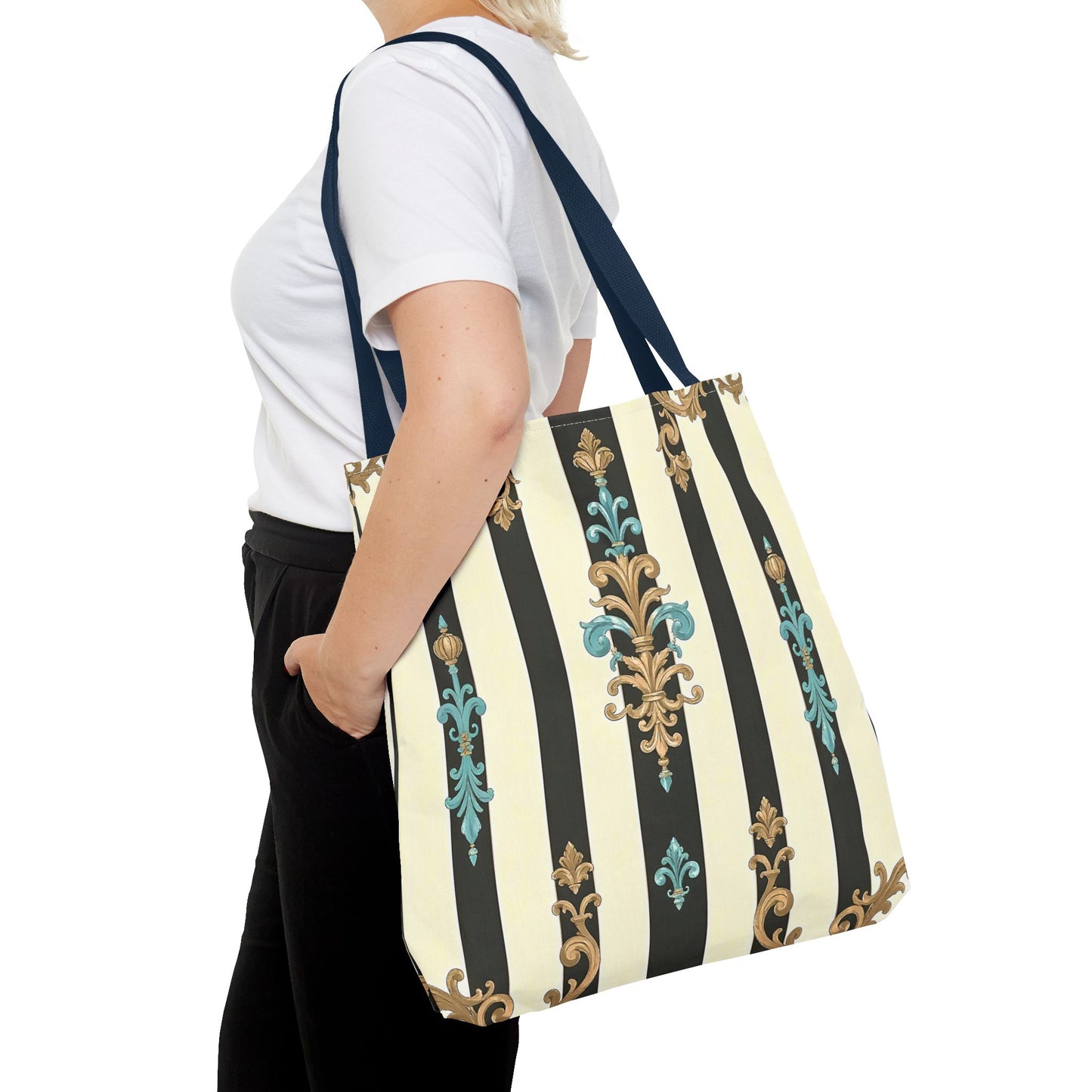 Elegant Stripe Pattern Tote Bag | Fashionable Reusable Shopping Tote, Eco-Friendly Gift Bag - Black Striped Turquoise & Black Rococo