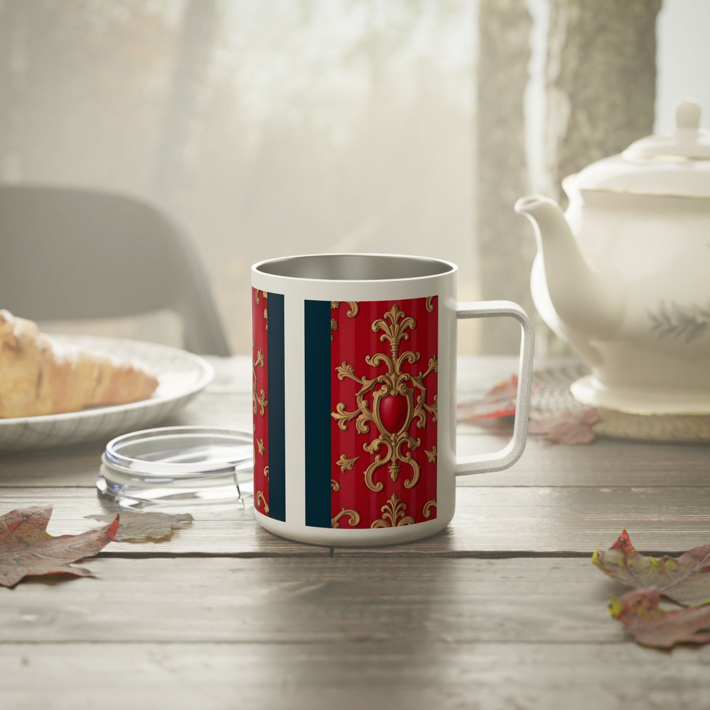 Ornate Insulated Coffee Mug - Elegant Retro Design for Home, Office or Gifts, Tea Lover, Holiday Mugs - Blue, Red & White Striped Baroque