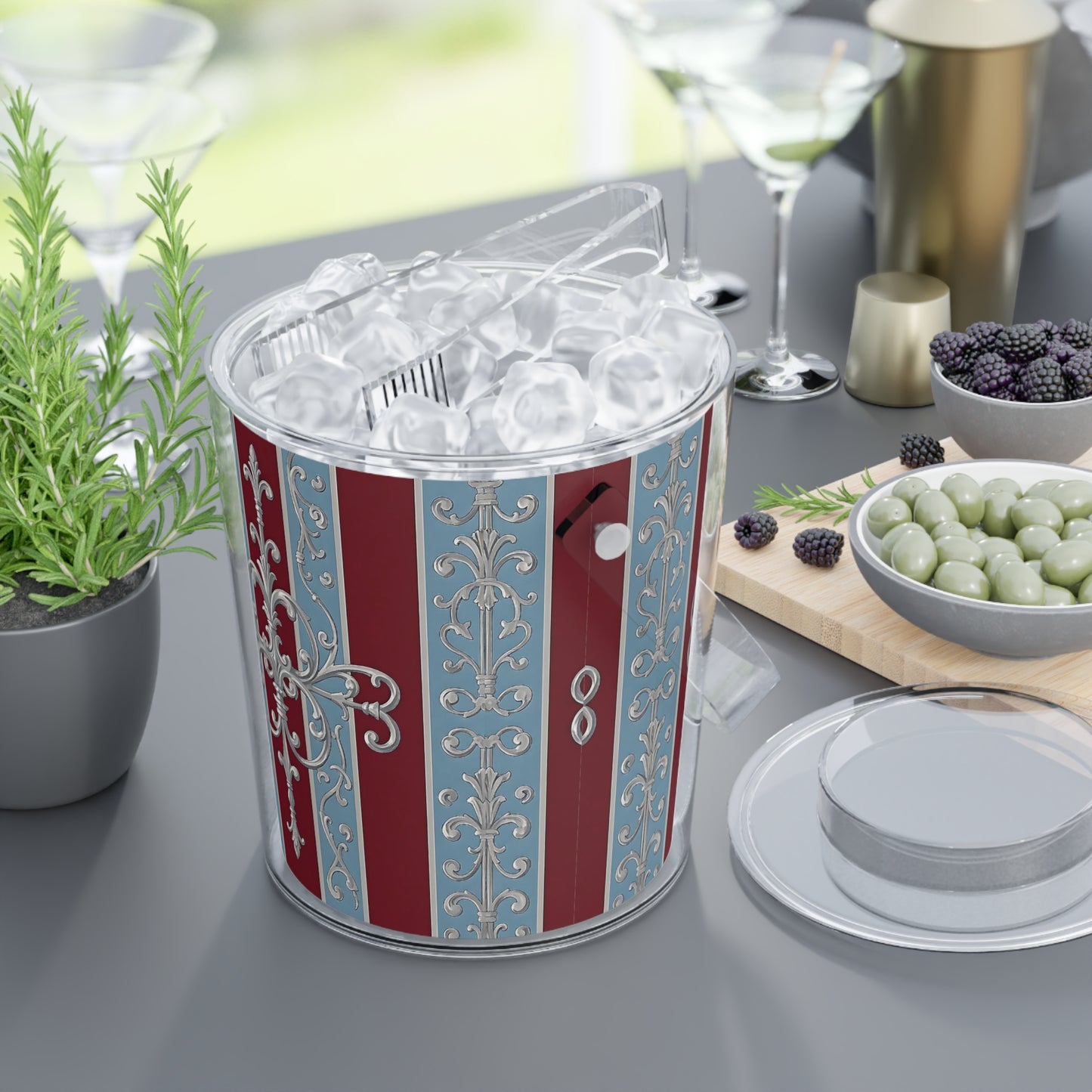 Elegant Vintage Ice Bucket with Tongs - Perfect for Parties and Celebrations - Ice Blue & Burgundy Striped Baroque