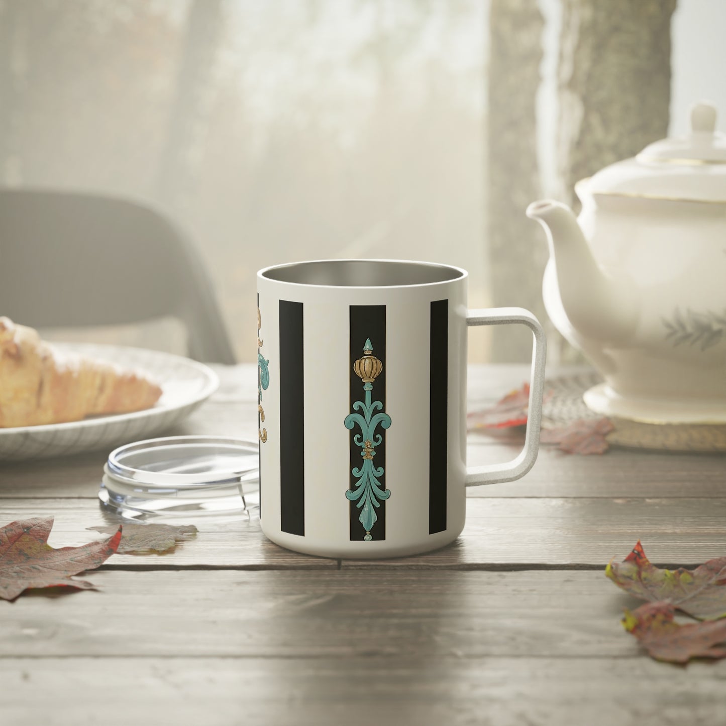 Elegant Vintage Insulated Coffee Mug, 10oz | Floral Design | Perfect for Home, Gifts, Mother's Day, Weddings - Black Striped Turquoise & Black Rococo