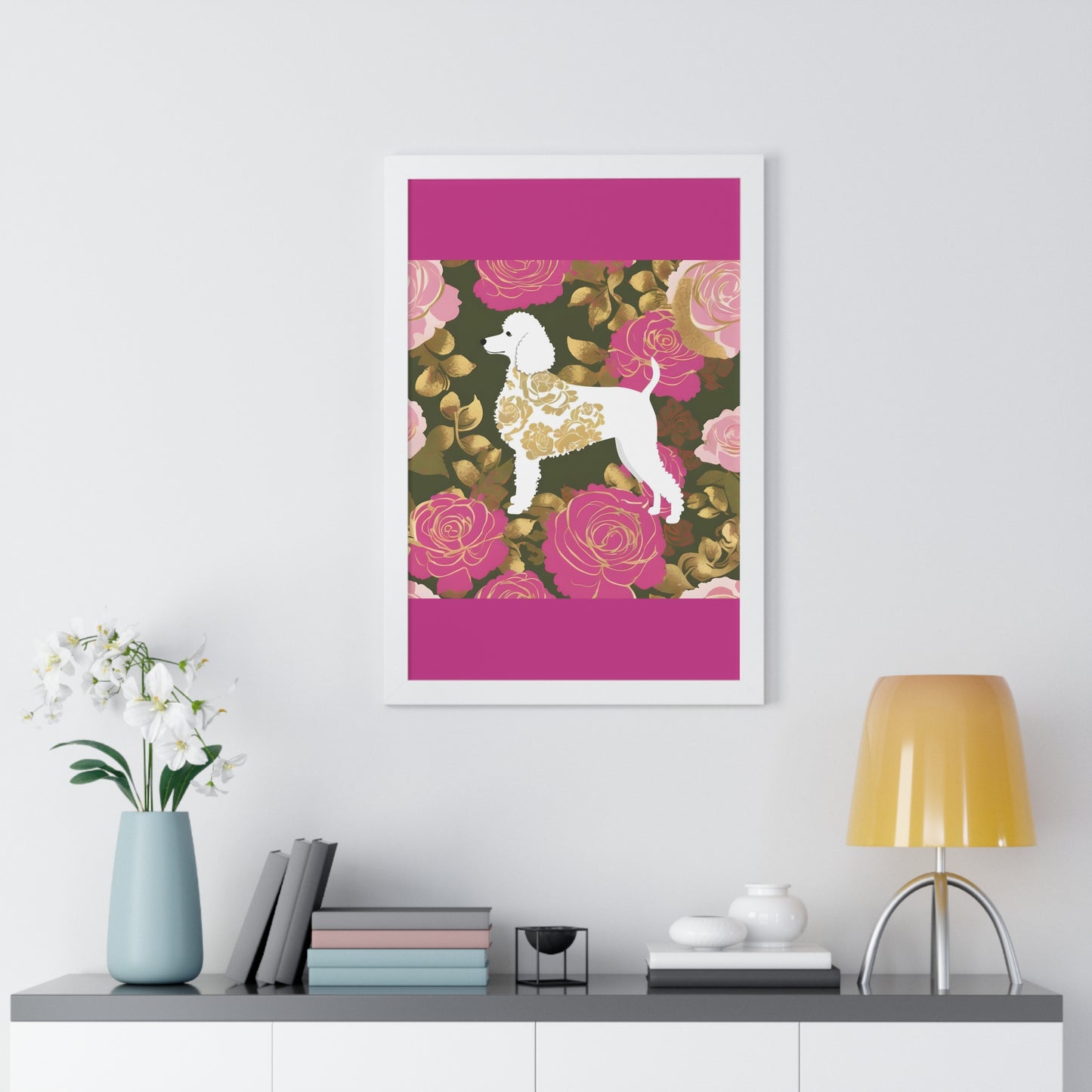 Vertical Poster - Stylish Framed - Art for Home Decor - Damask White Poodle & Pink Roses
