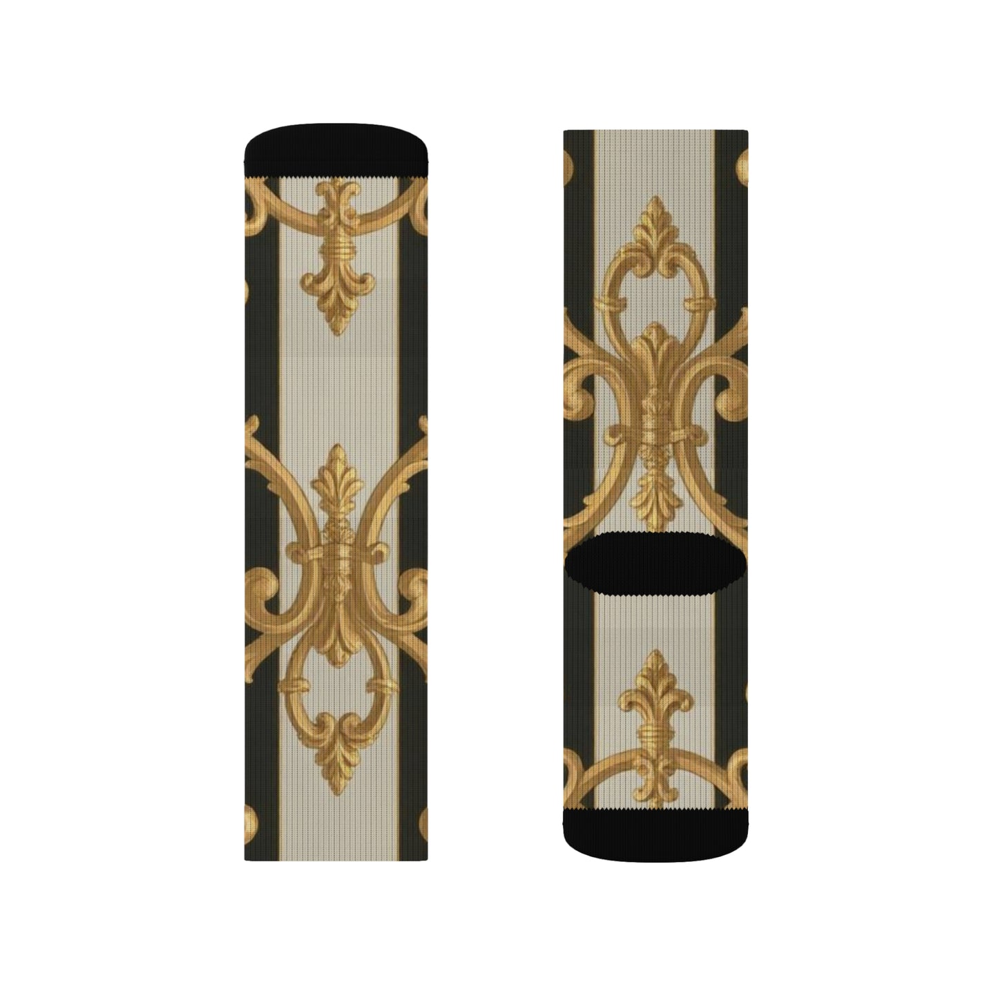 Luxurious Black & Alabaster Striped Baroque Patterned Socks - Stylish Sublimation Socks for Daily Wear, Gifts, Fashion Accessories, Special Occasions
