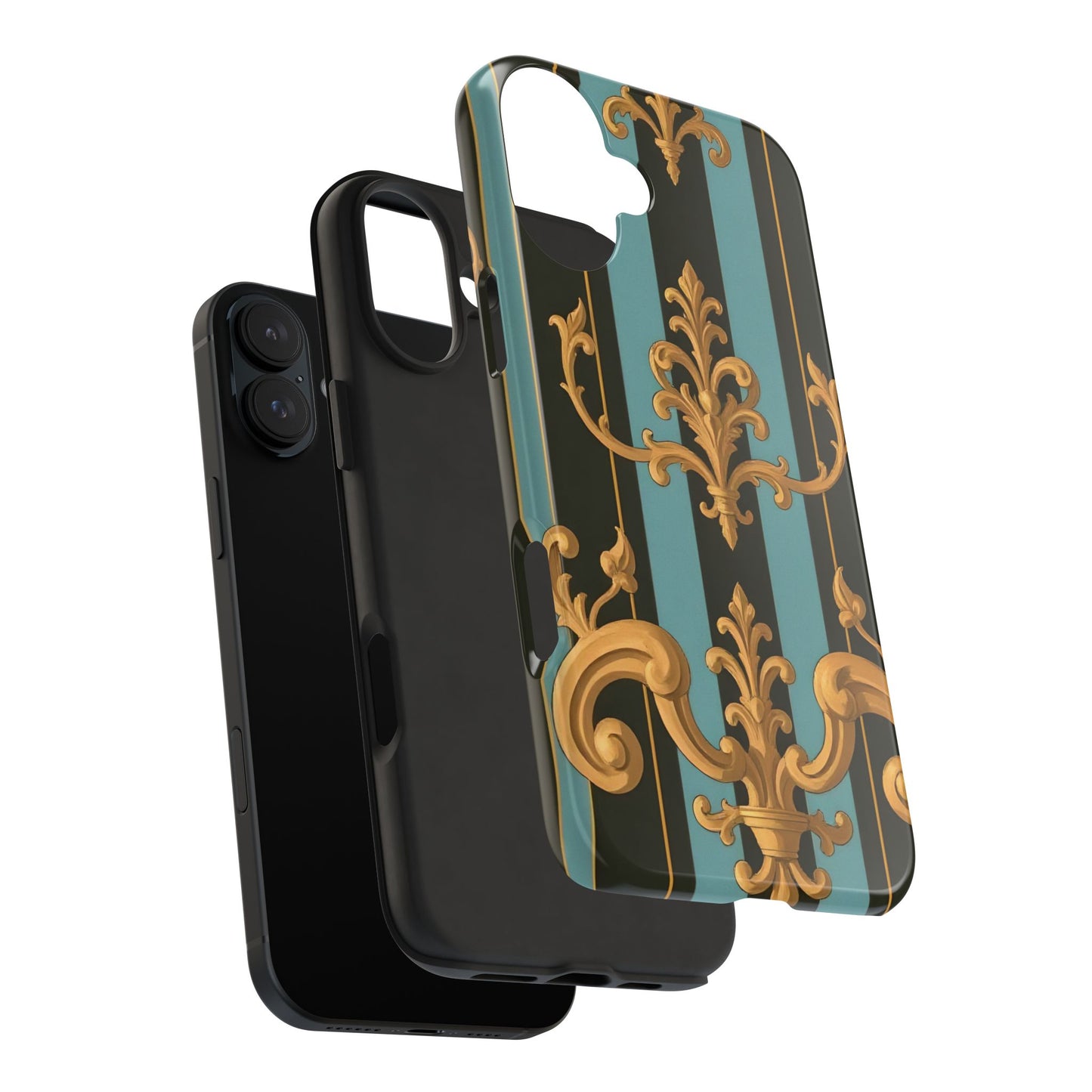 Elegant Baroque Tough Phone Case, Stylish Phone Cover, Durable iPhone Case, Unique Gift - Black & Turquoise Striped Baroque