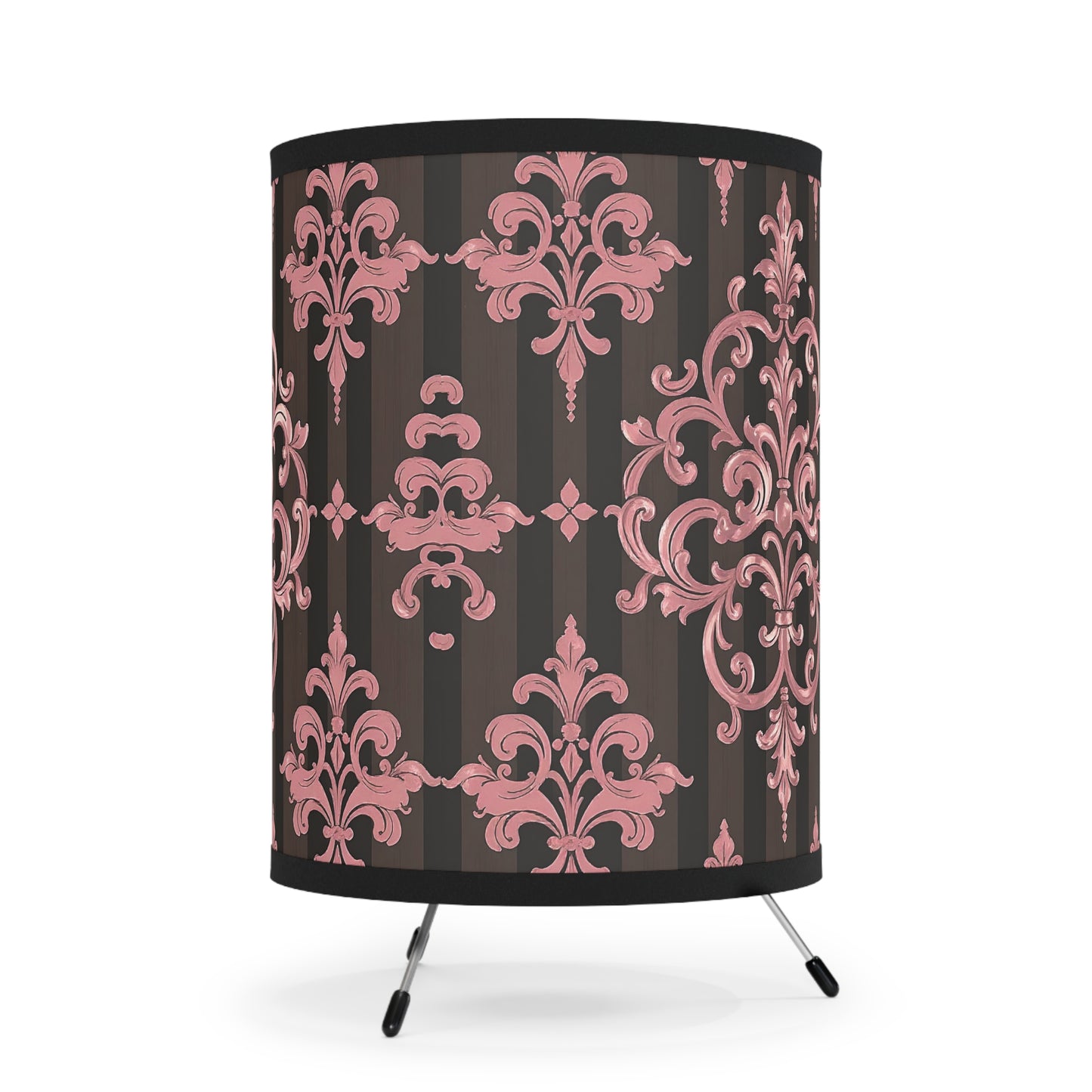 Elegant Tripod Lamp with Vintage Floral Print Shade - High-Res Home Accent - Brown Striped Mauve Damask