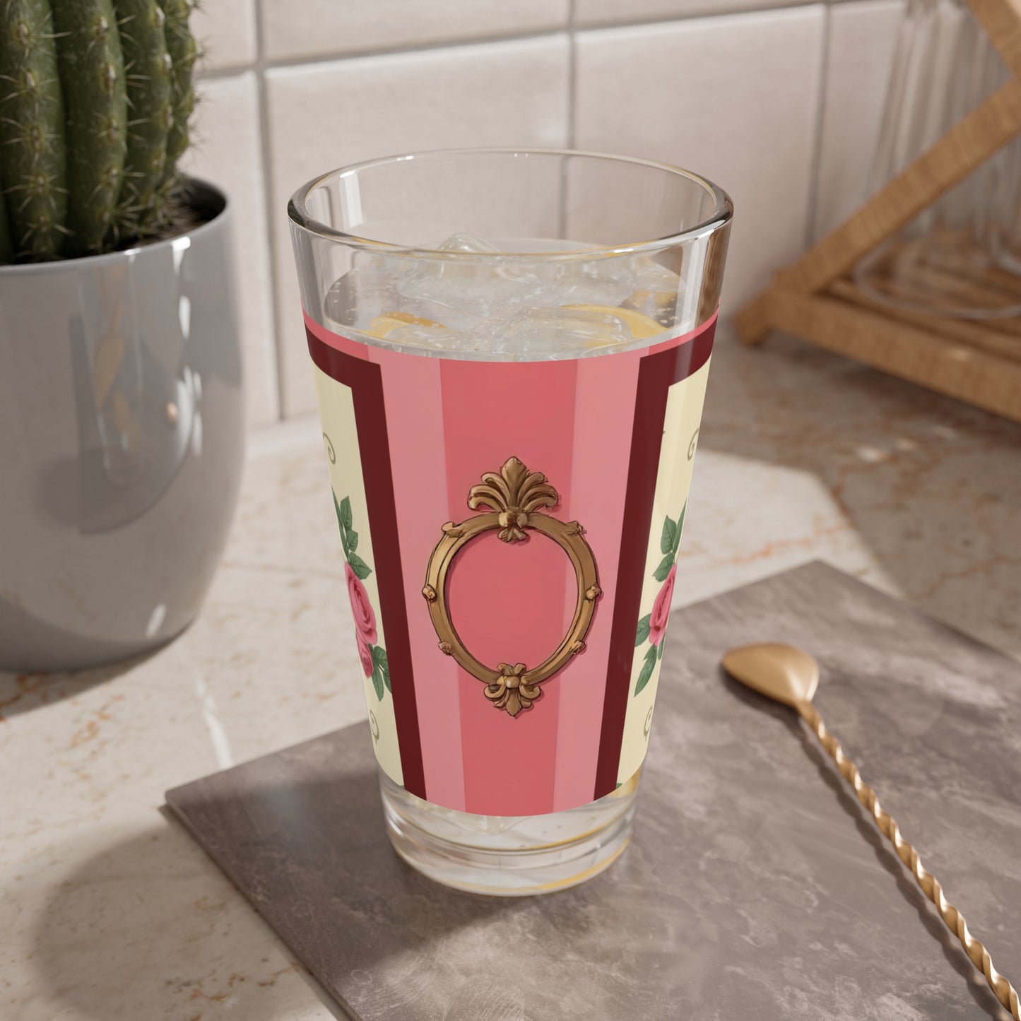 Elegant Floral Mixing Glass - 16oz Cocktail Cup for Home Bar - Pink Striped Baroque & Roses
