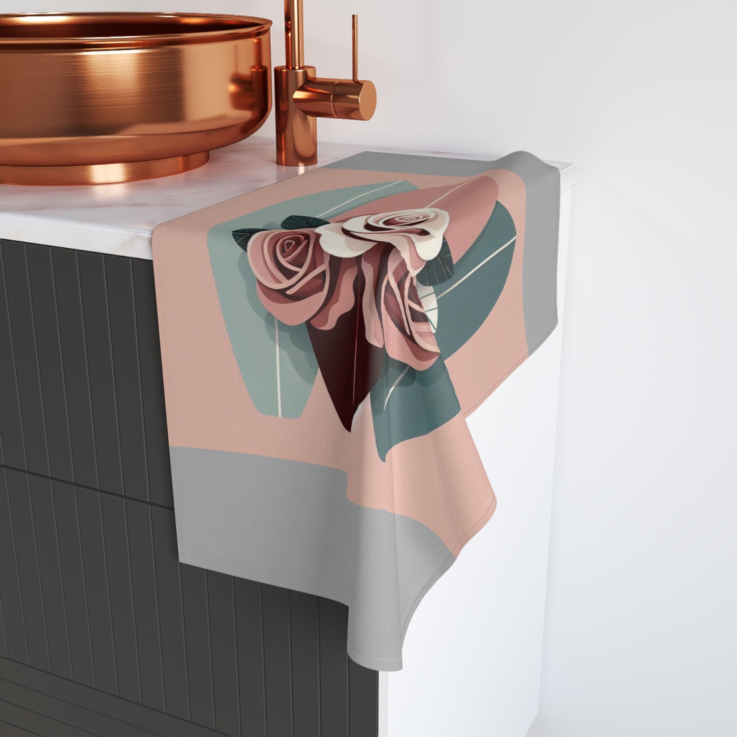 Elegant Floral Hand Towel - Roses & Surfboard Design for Home Decor & Gifts - Burgundy, Matte Mauve & Teal Surfboard & Roses