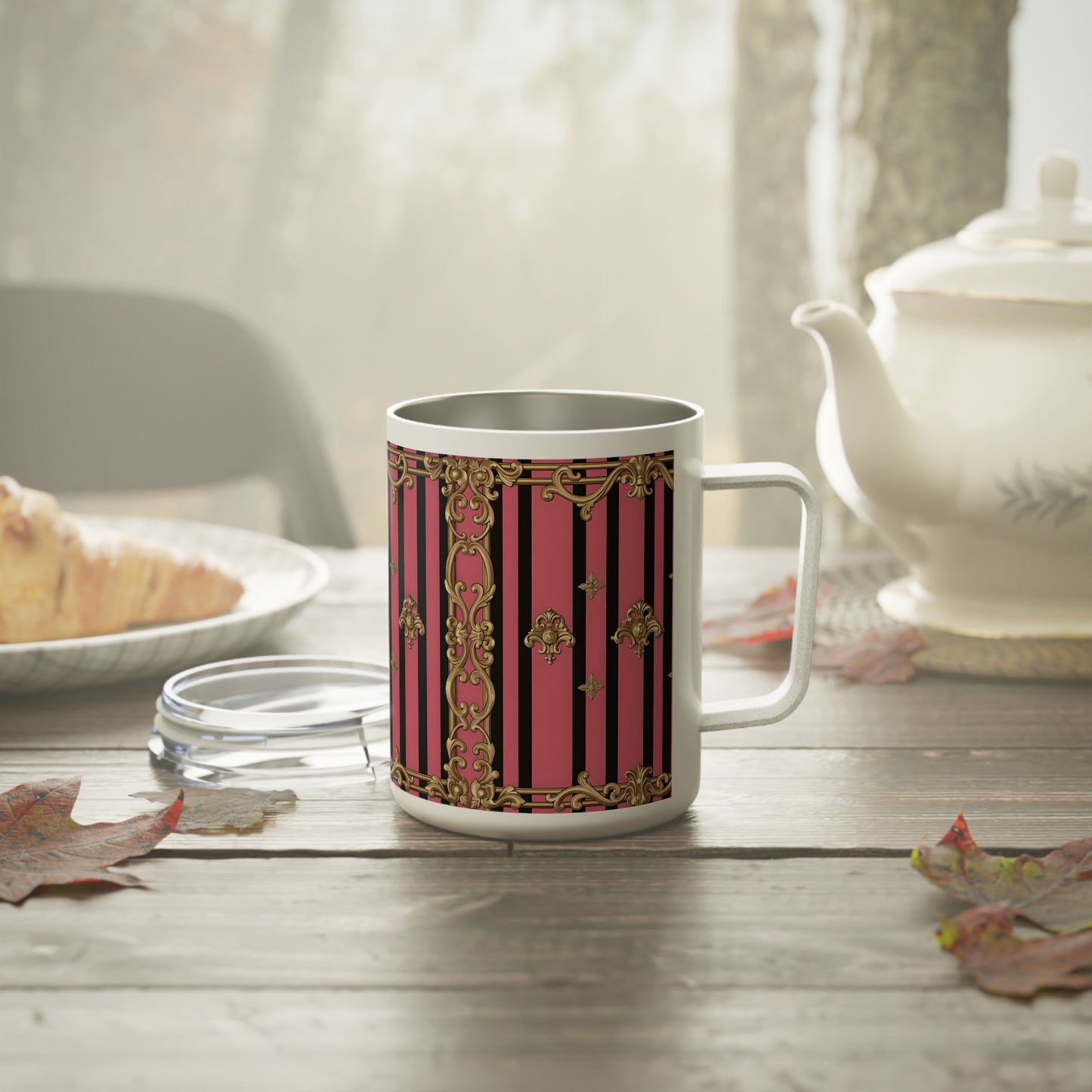 Elegantly Designed Insulated Coffee Mug, 10oz, Perfect Gift for Coffee Lovers, Unique Birthday Present - Pink Striped Gold Rococo