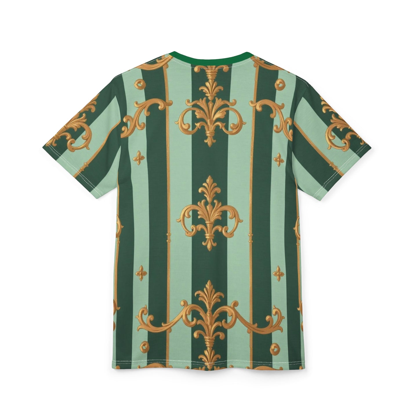 Chic Unisex Cut & Sew Tee, Trendy Graphic Tee, Floral Print Shirt, Unique Fashion Top, Gift for Her/Him - Mint Green & Teal Striped Gold Baroque
