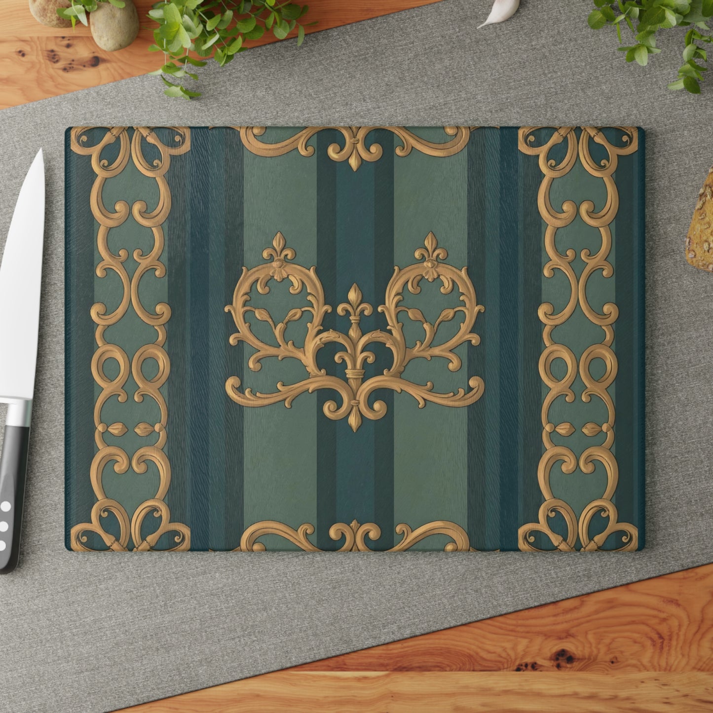 Elegant Vintage Glass Cutting Board with Ornate Design - Smoky Blue & Teal Striped Baroque