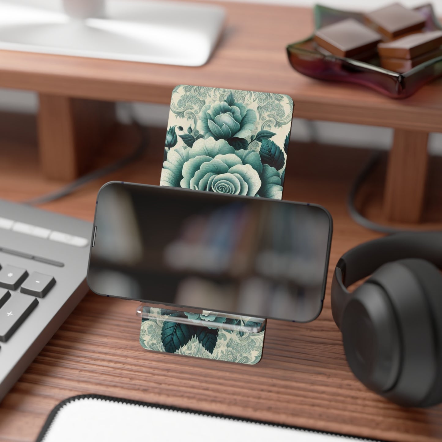 Elegant Floral Motif Smartphone Display Stand - Teal Roses & Damask - Decorative Mobile Holder