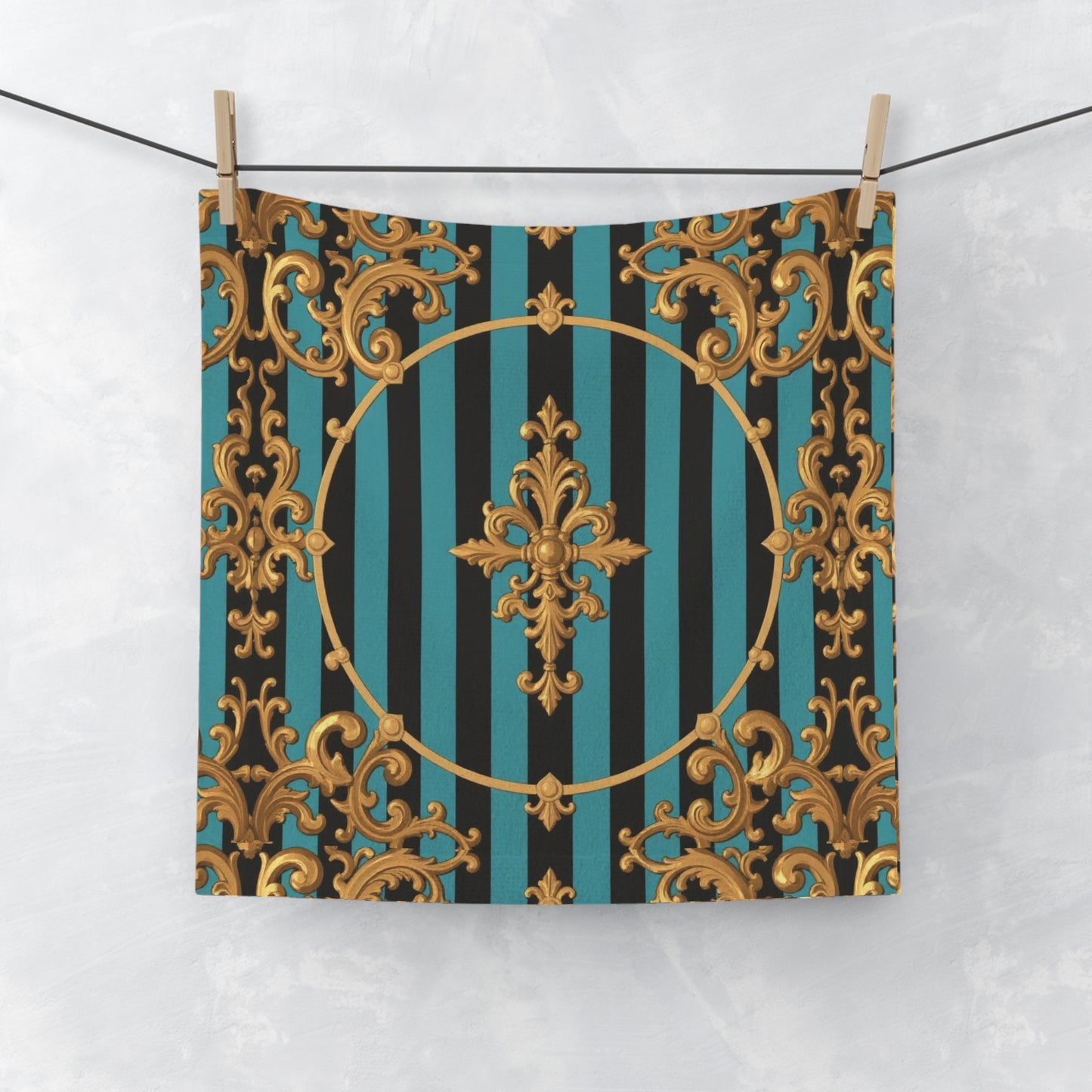 Elegant Turquoise & Black Striped Gold Baroque Decorative Face Towel, Luxury Bathroom Towel, Chic Home Decor, Wedding Gift