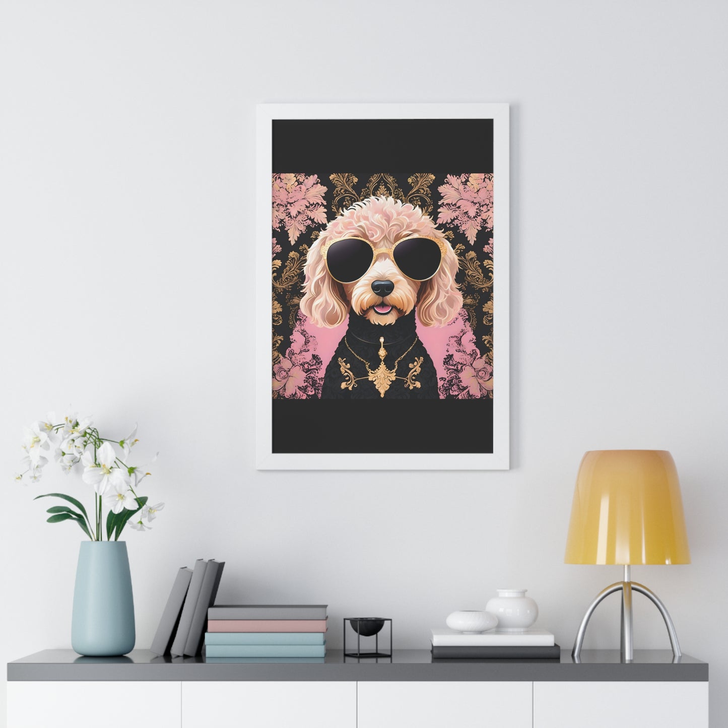 Vertical Poster - Golden Doodle in Damask and Shades - Wall Art - Kid Friendly