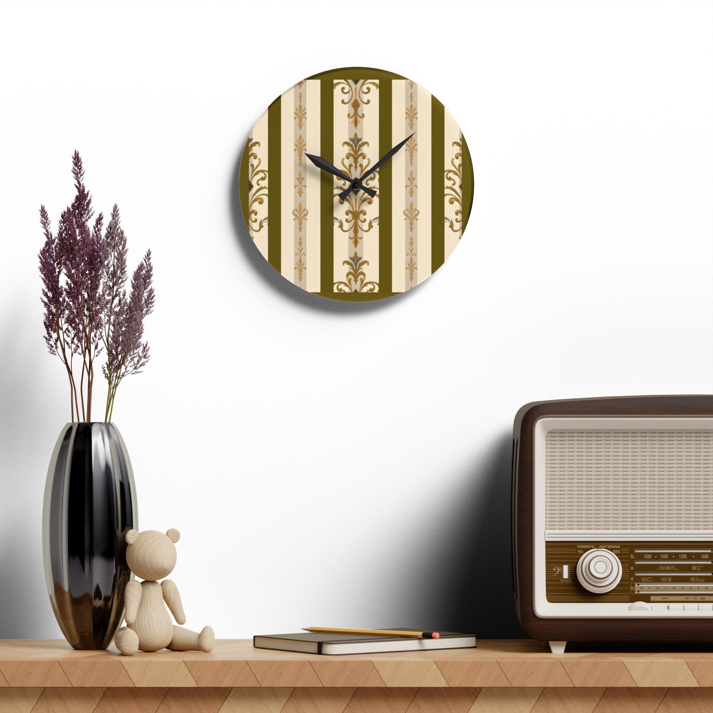 Bohemian Damask-Inspired Acrylic Wall Clock with Floral Design - Olive Striped Gold Damask