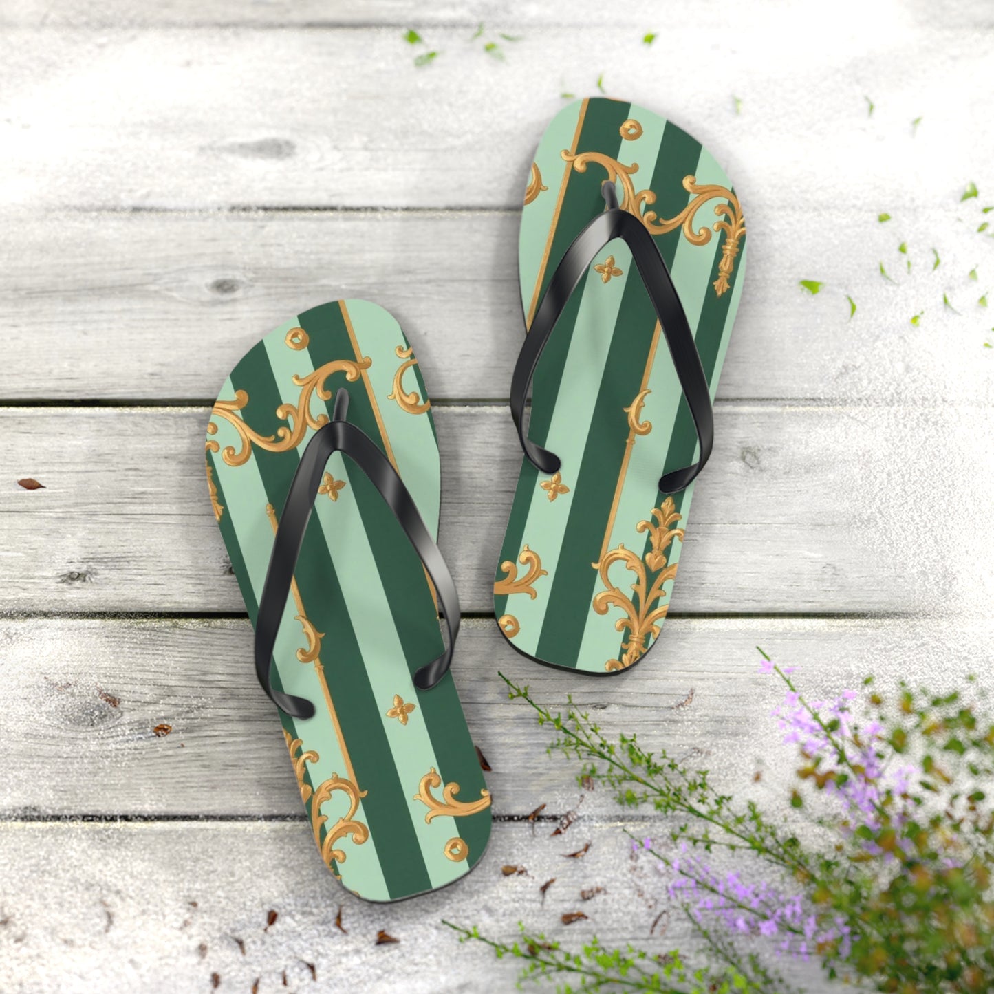 Elegant Patterned Flip Flops for Summer Fun, Beach Sandals, Casual Footwear, Vacation Essentials - Mint Green & Teal Striped Gold Baroque
