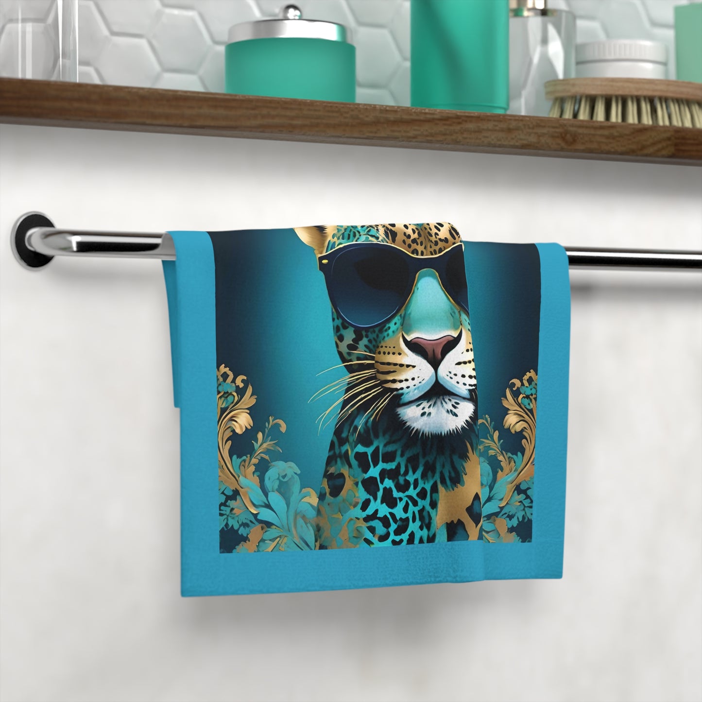 Face Towel - Elegant Vintage Gold Pattern for Home & Spa - Aqua & Gold Leopard In Sunglasses Design - Perfect for Kids