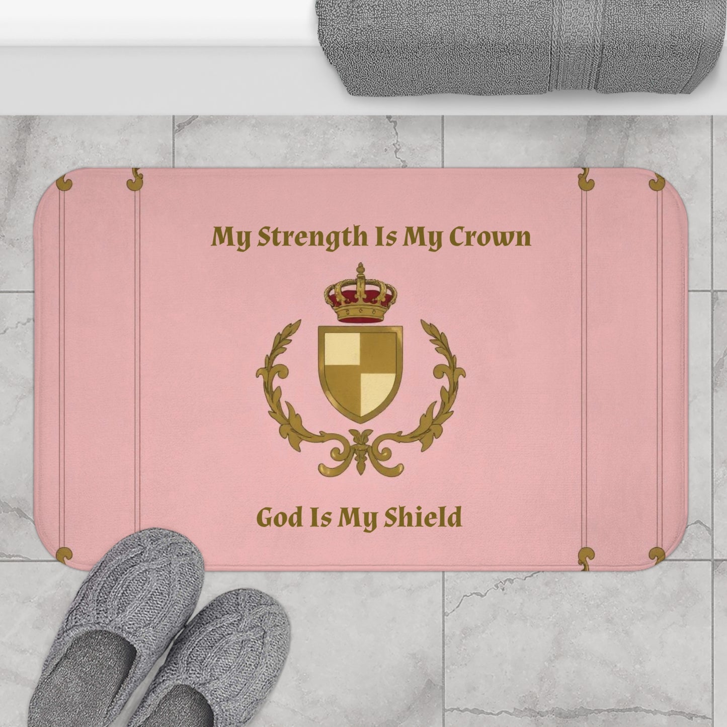 Crown & Crest Spiritual Quote Bath Mat, Inspirational Bathroom Decor, Faith-Based Gift, Motivational Home Accessory, Pink and Gold Mat