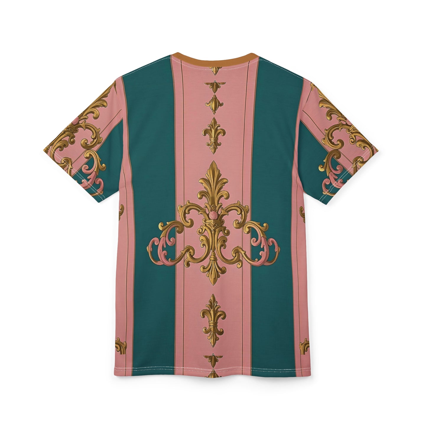 Chic Vintage AOP Tee, Stylish Unisex Cut & Sew T-Shirt, Fashionable Statement Tee - Pink & Teal Striped Gold Baroque